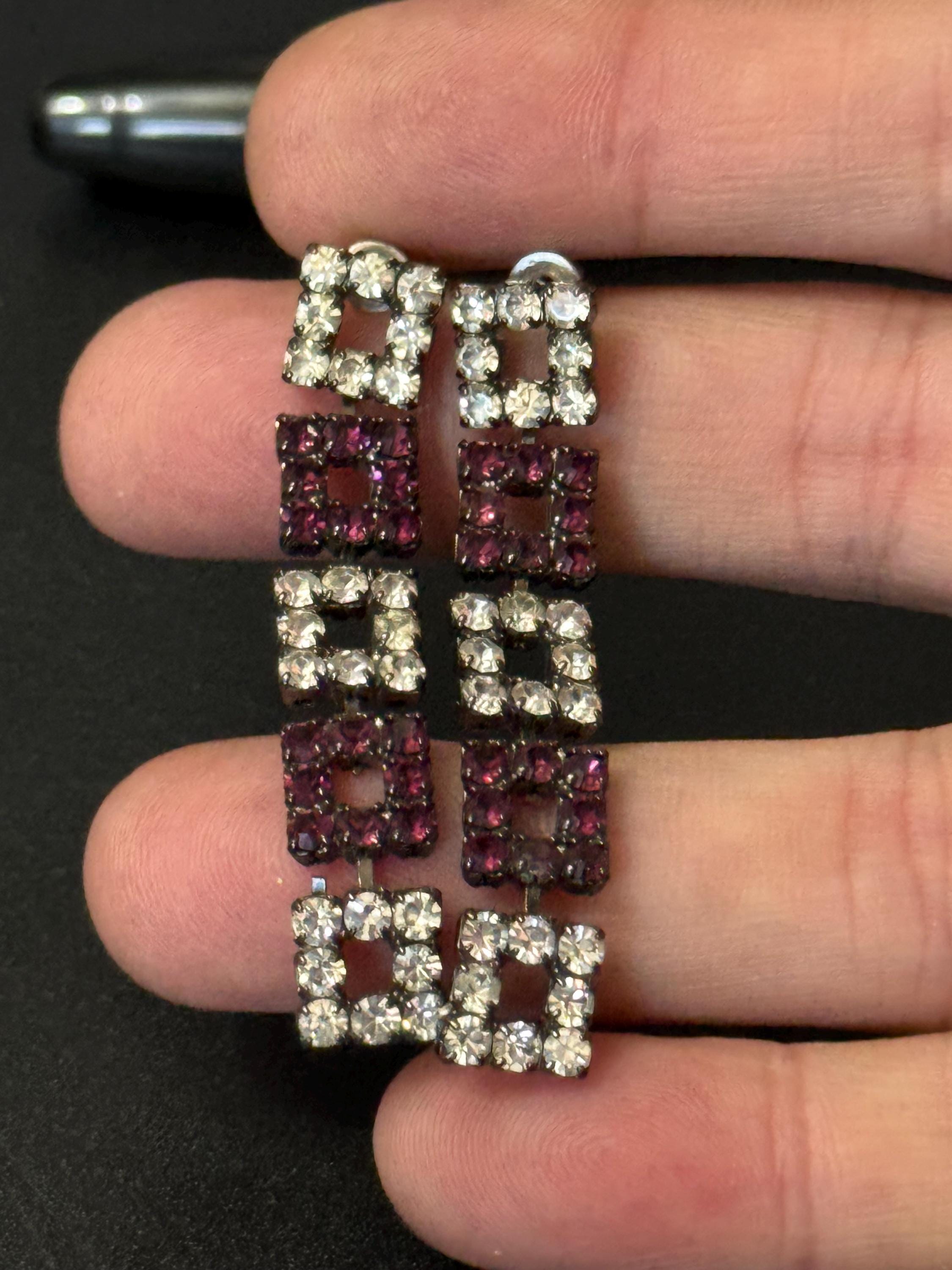 Retro Silver Tone Crystal Drop Earrings: Amethyst Purple Square Design