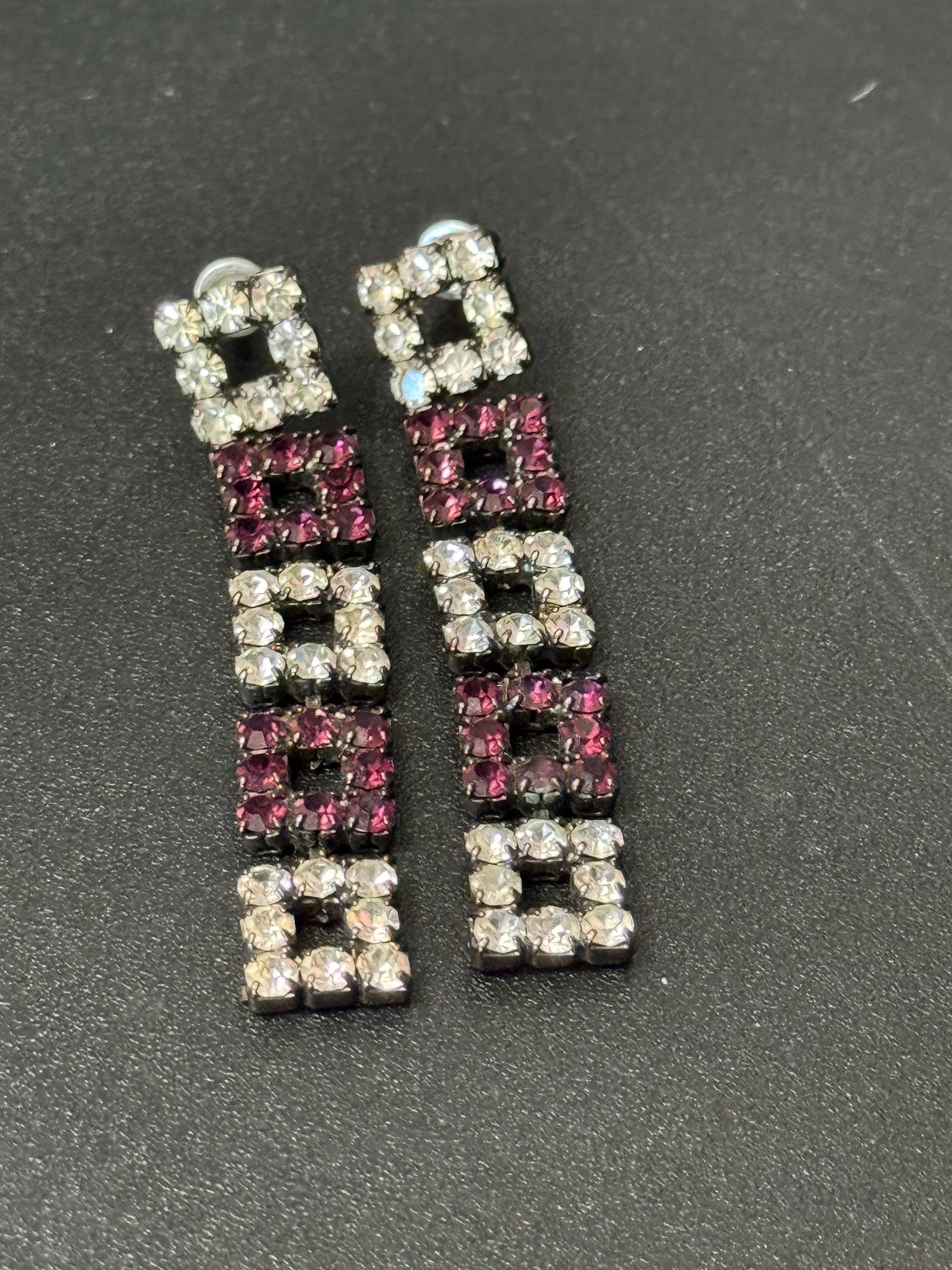 Retro Silver Tone Crystal Drop Earrings: Amethyst Purple Square Design