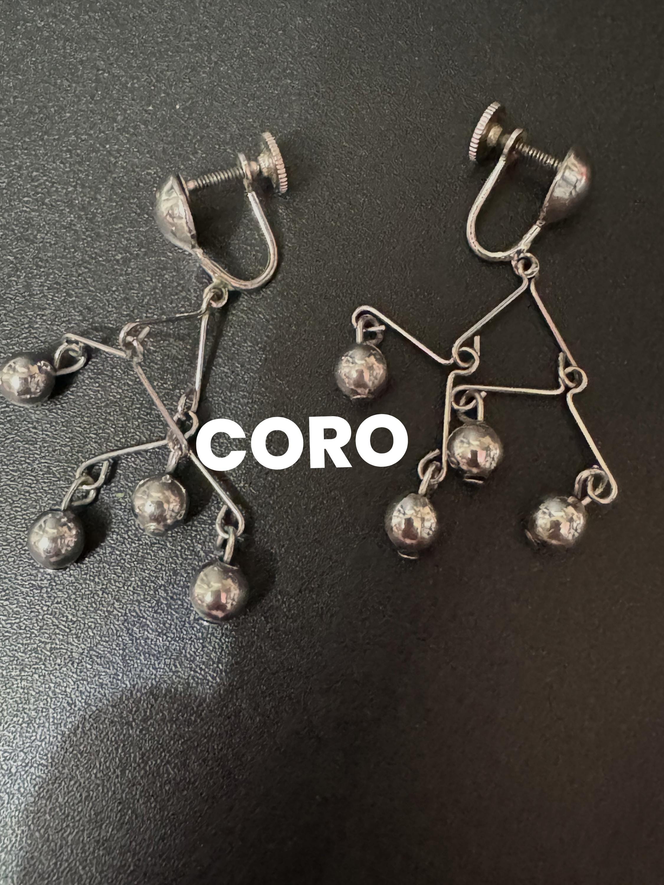Signed Coro vintage modernist silver tone long dangly drop earrings