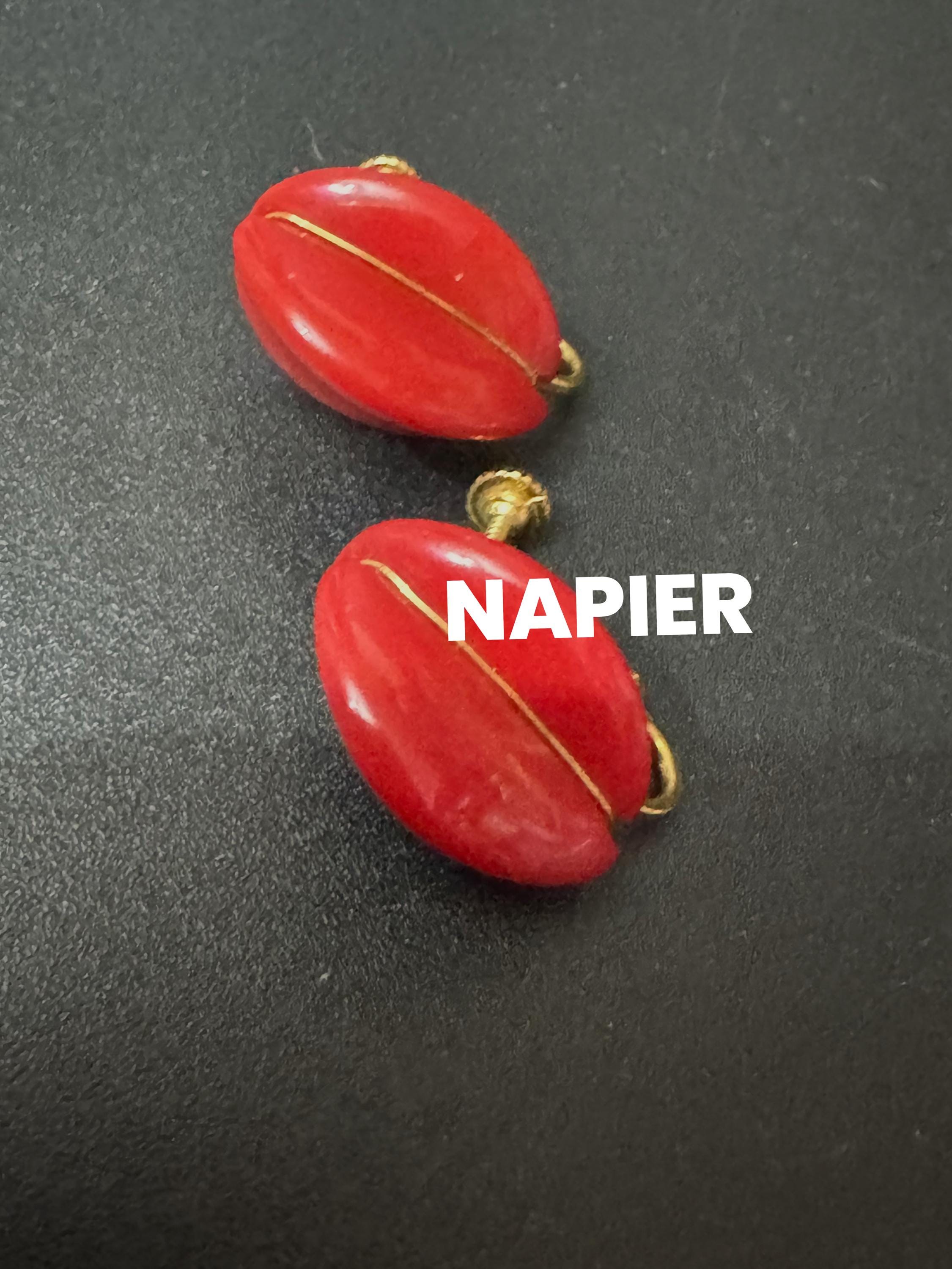 Signed NAPIER Vintage bright red plastic gold tone classic clip on earrings