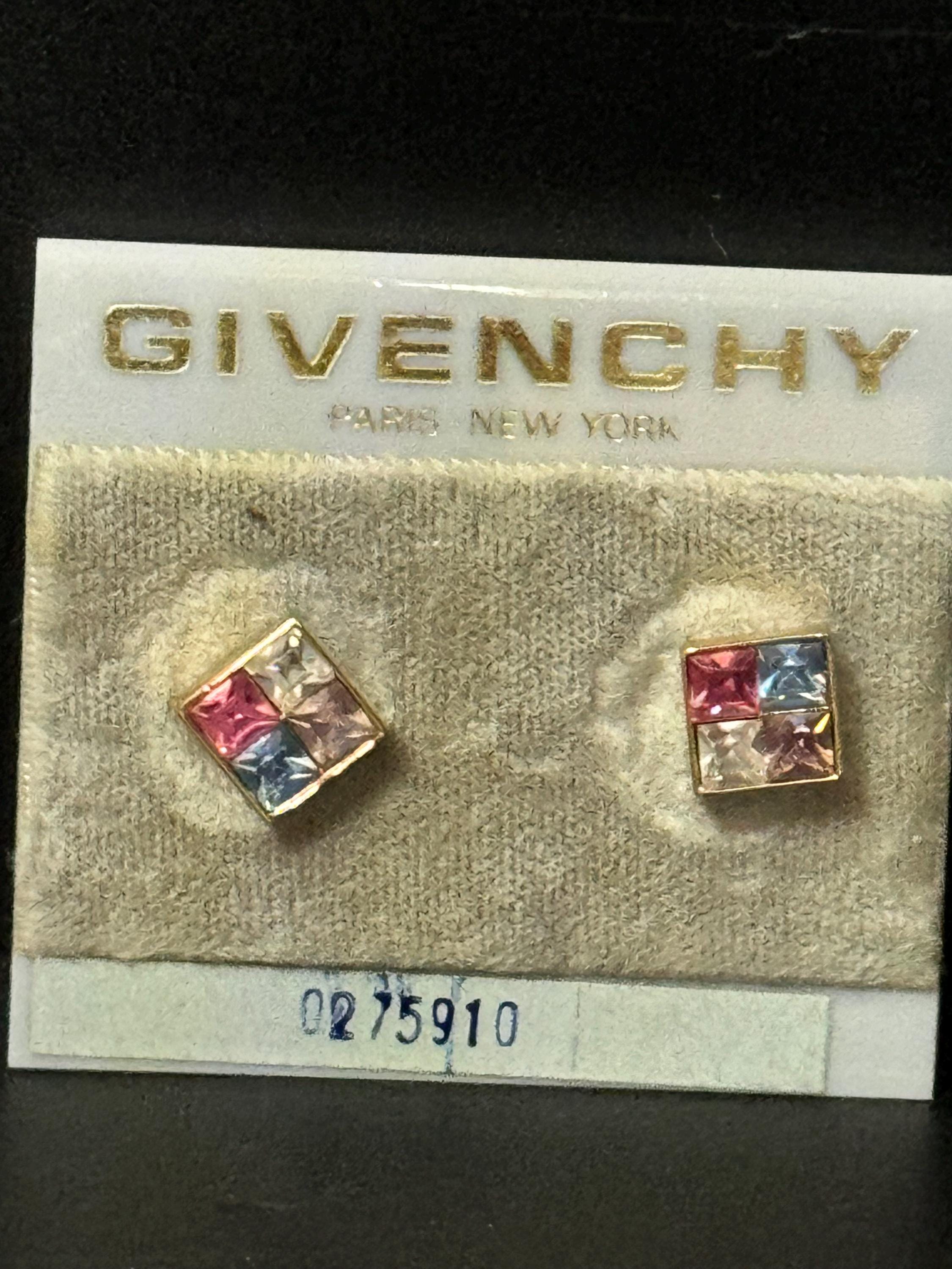 Signed GIVENCHY New York Vintage Gold tone square pink clear blue pastel crystal stud earrings pierced