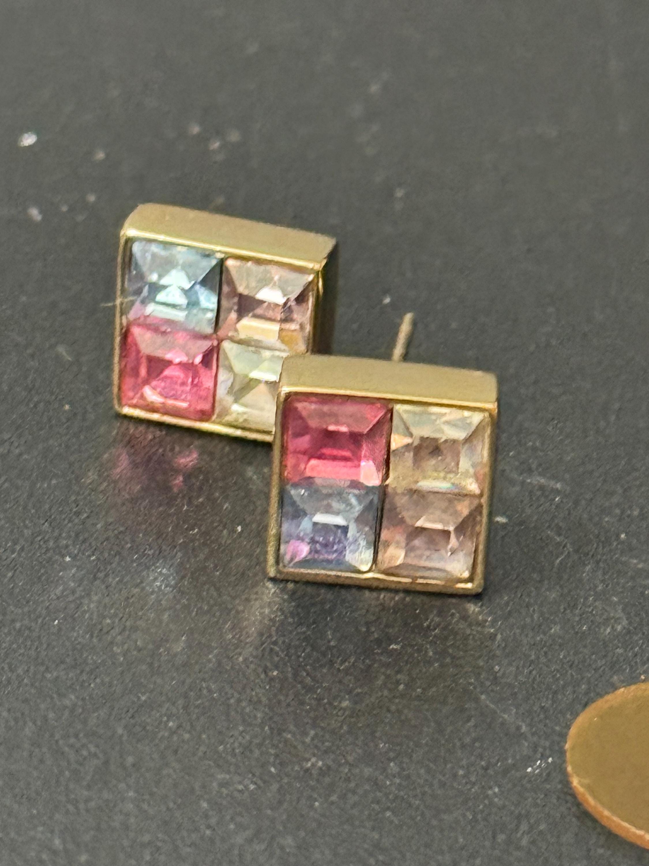 Signed GIVENCHY New York Vintage Gold tone square pink clear blue pastel crystal stud earrings pierced