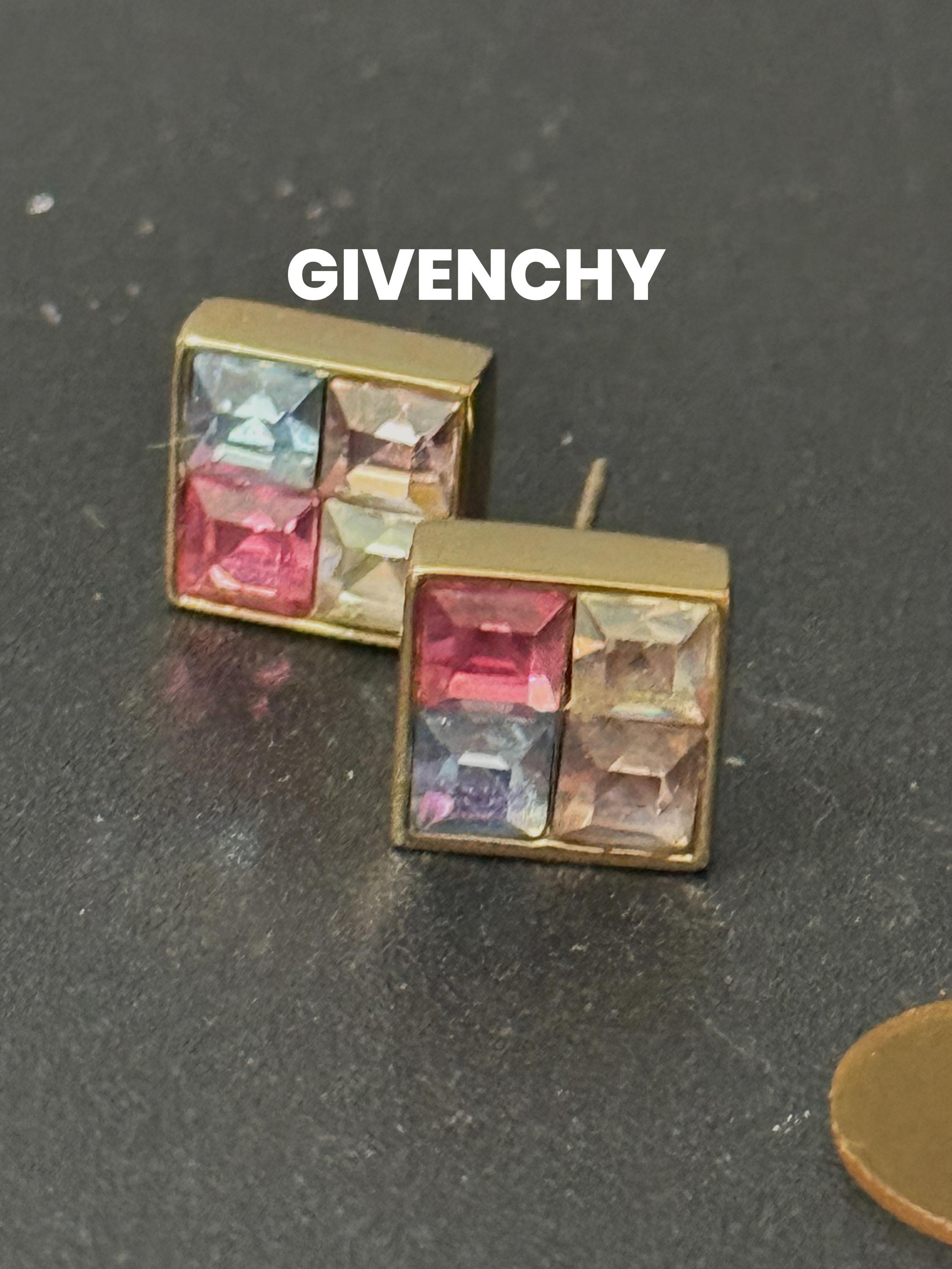 Signed GIVENCHY New York Vintage Gold tone square pink clear blue pastel crystal stud earrings pierced