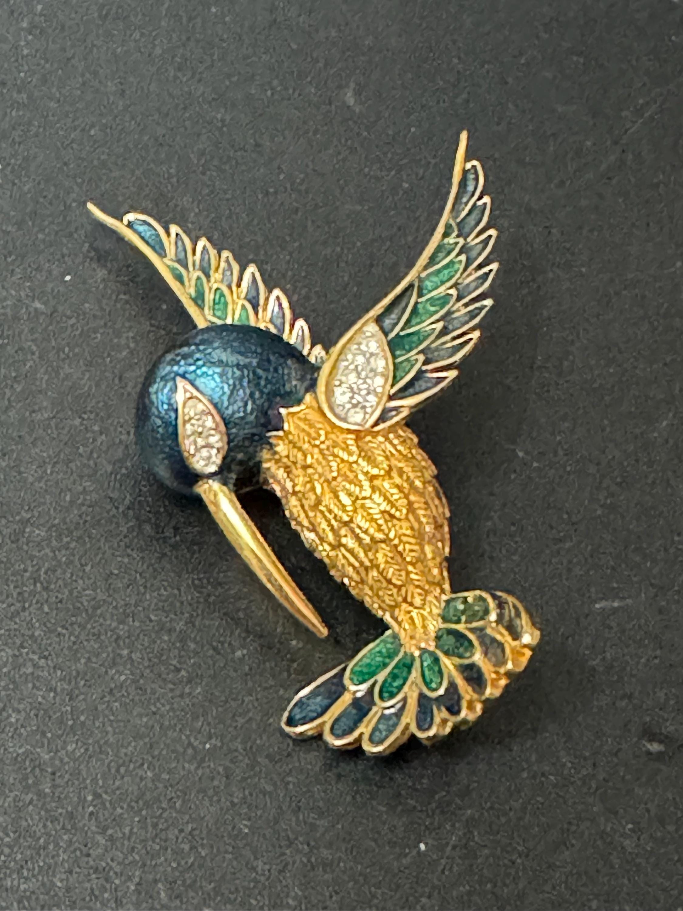 signed D'orlan Vintage green blue enamel gold tone diamanté rhinestone hummingbird brooch