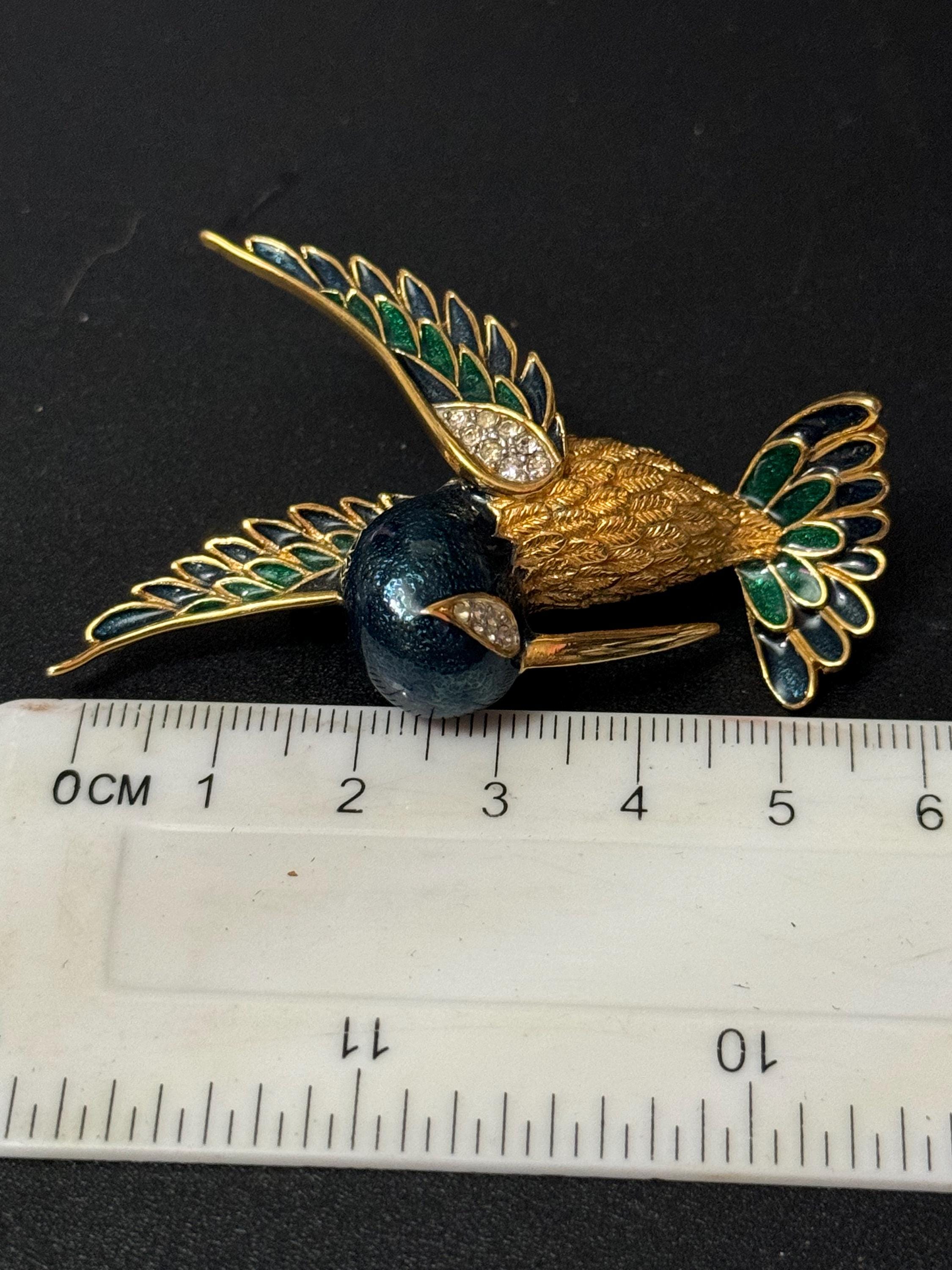 signed D'orlan Vintage green blue enamel gold tone diamanté rhinestone hummingbird brooch