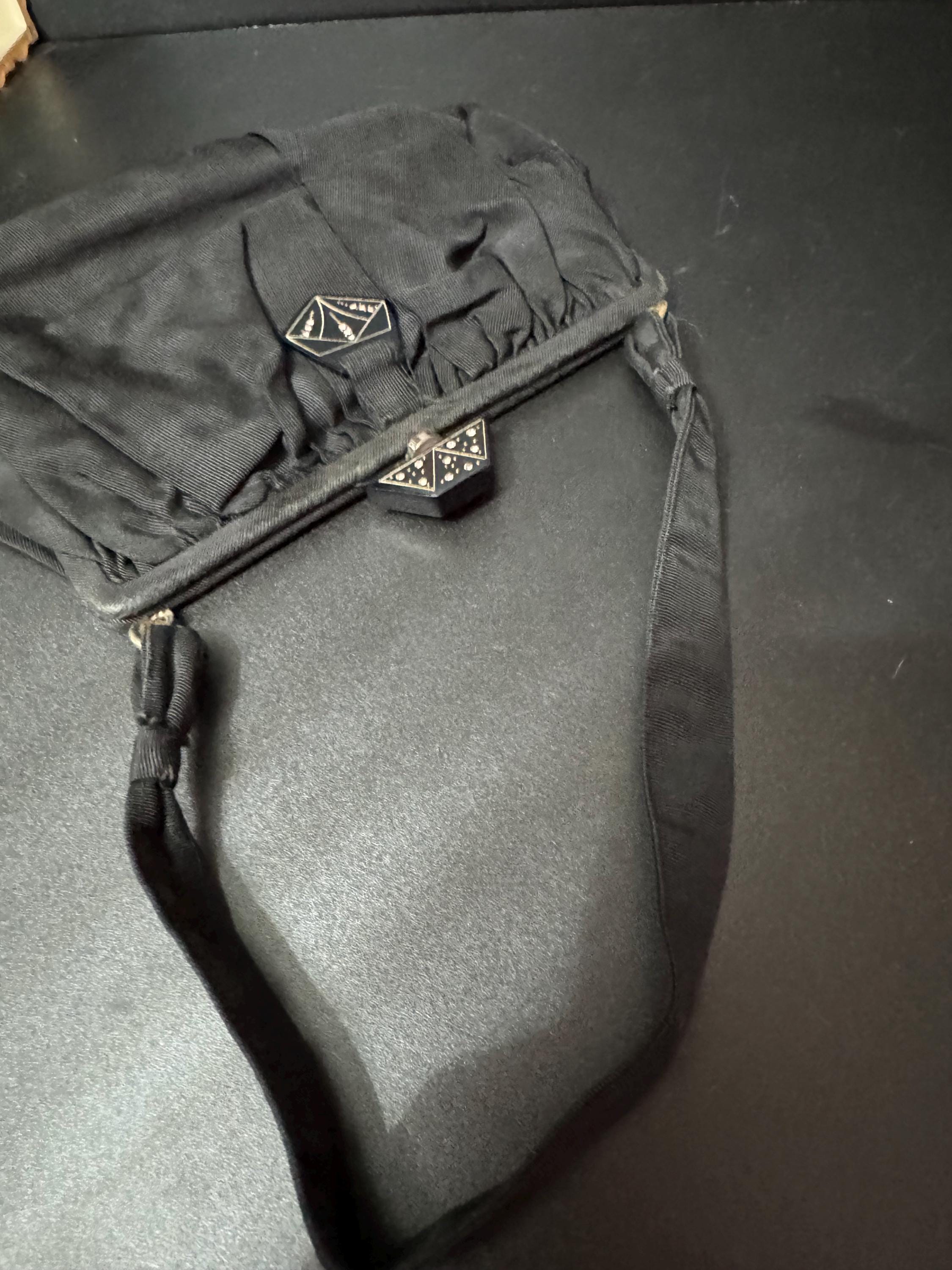 Art Deco Vintage little black evening bag purse with clear diamanté paste and bakelite clasp