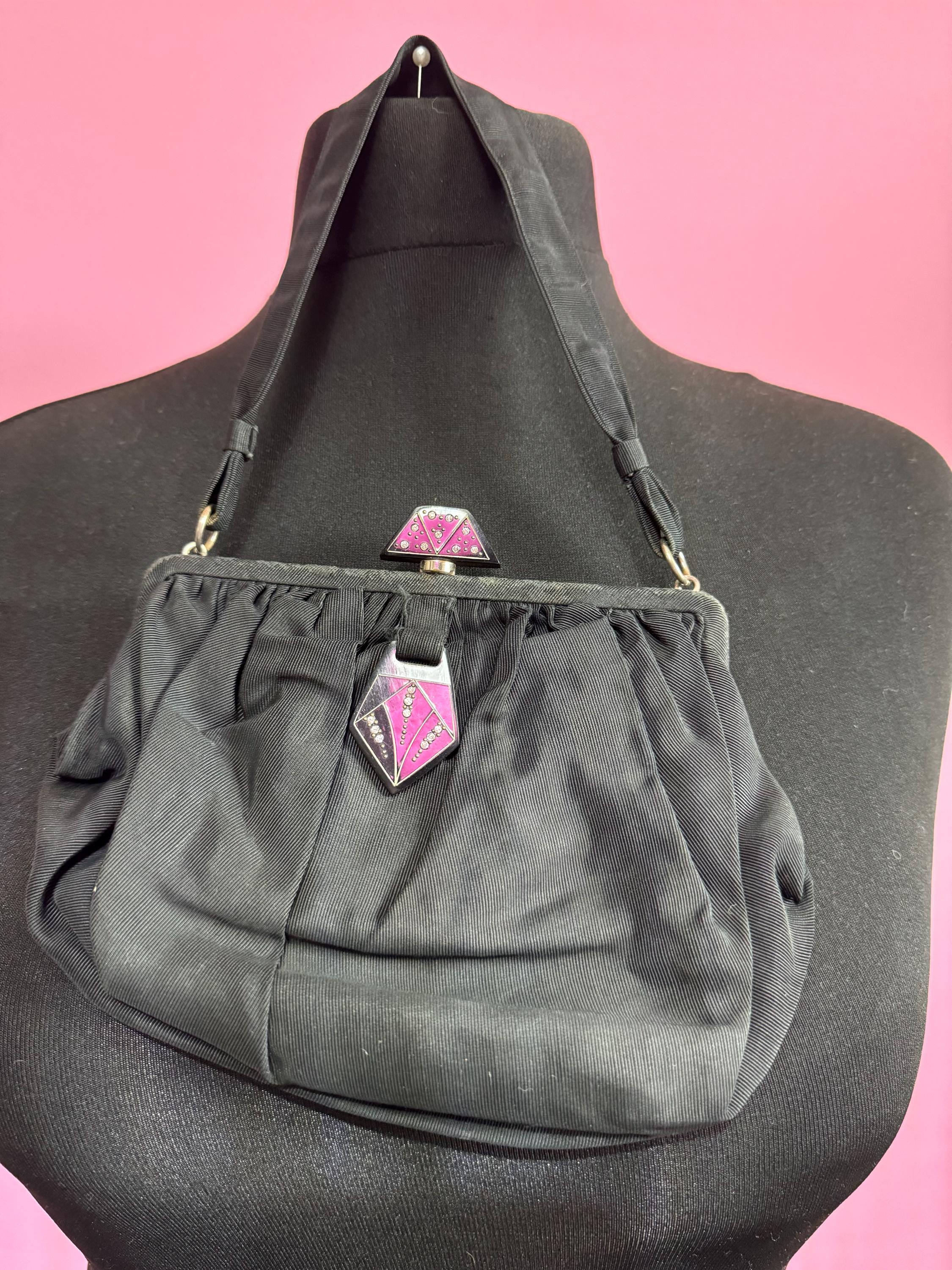 Art Deco Vintage little black evening bag purse with clear diamanté paste and bakelite clasp