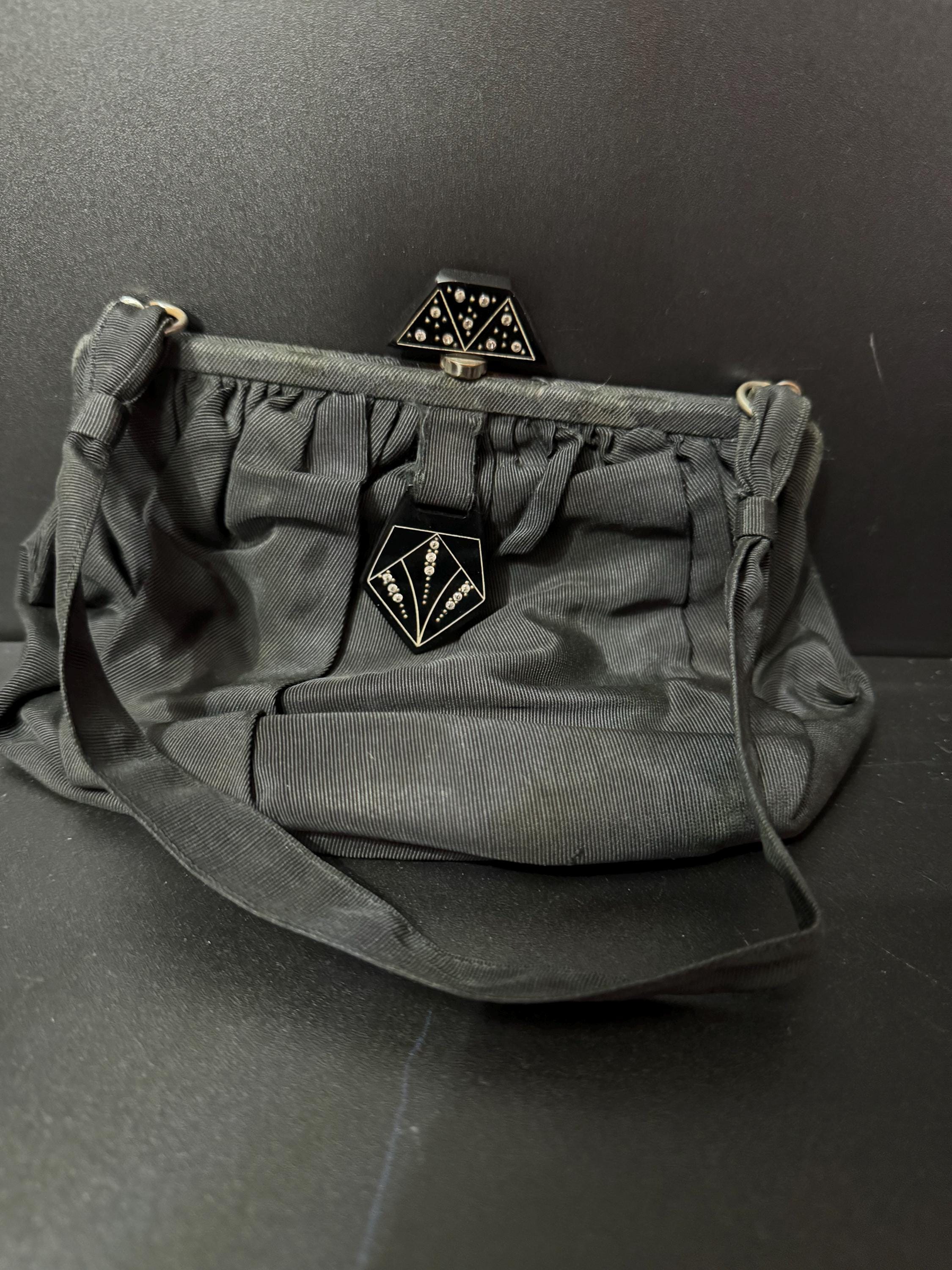 Art Deco Vintage little black evening bag purse with clear diamanté paste and bakelite clasp