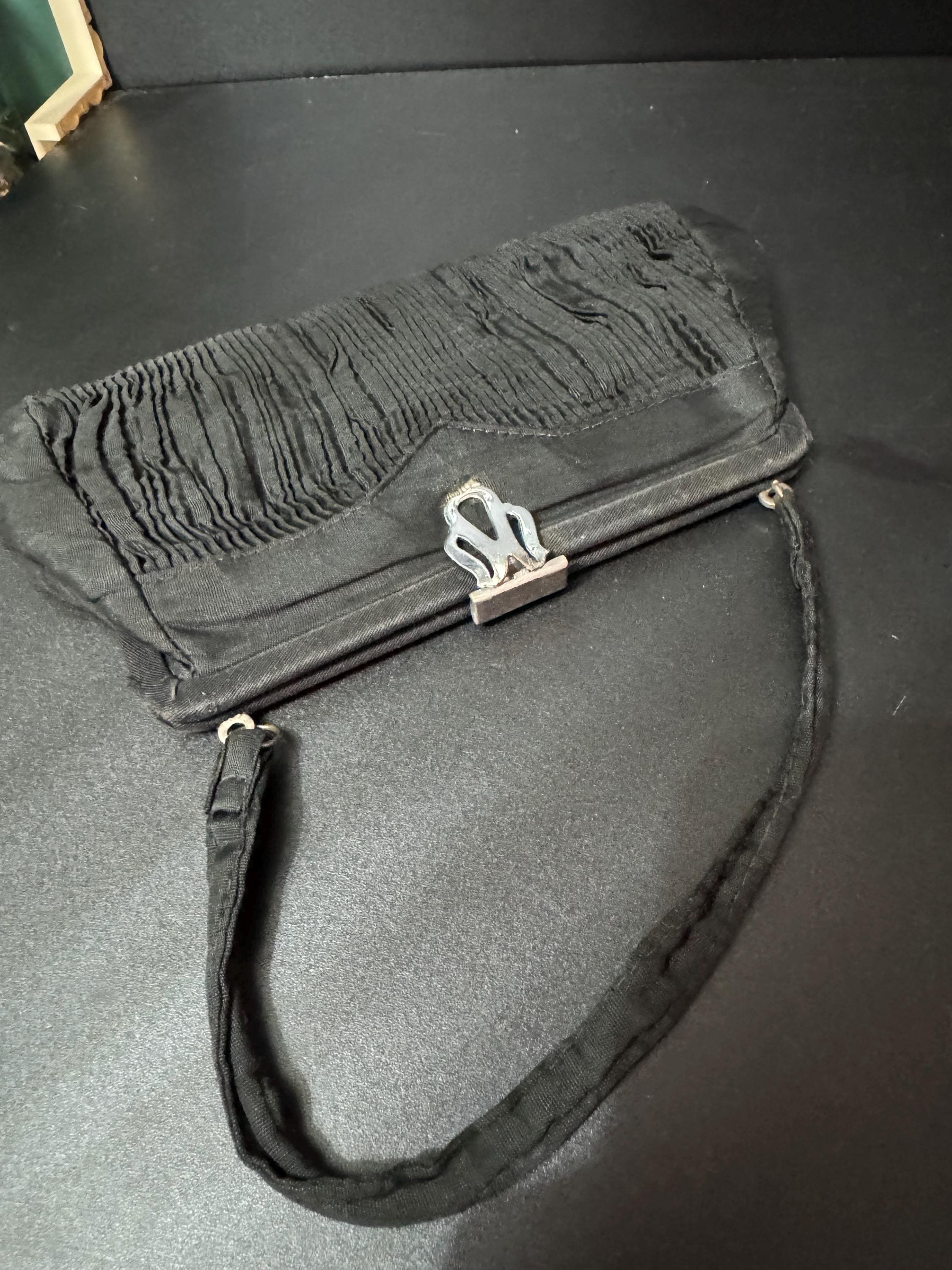 Art Deco Vintage little black evening bag purse with chrome finish