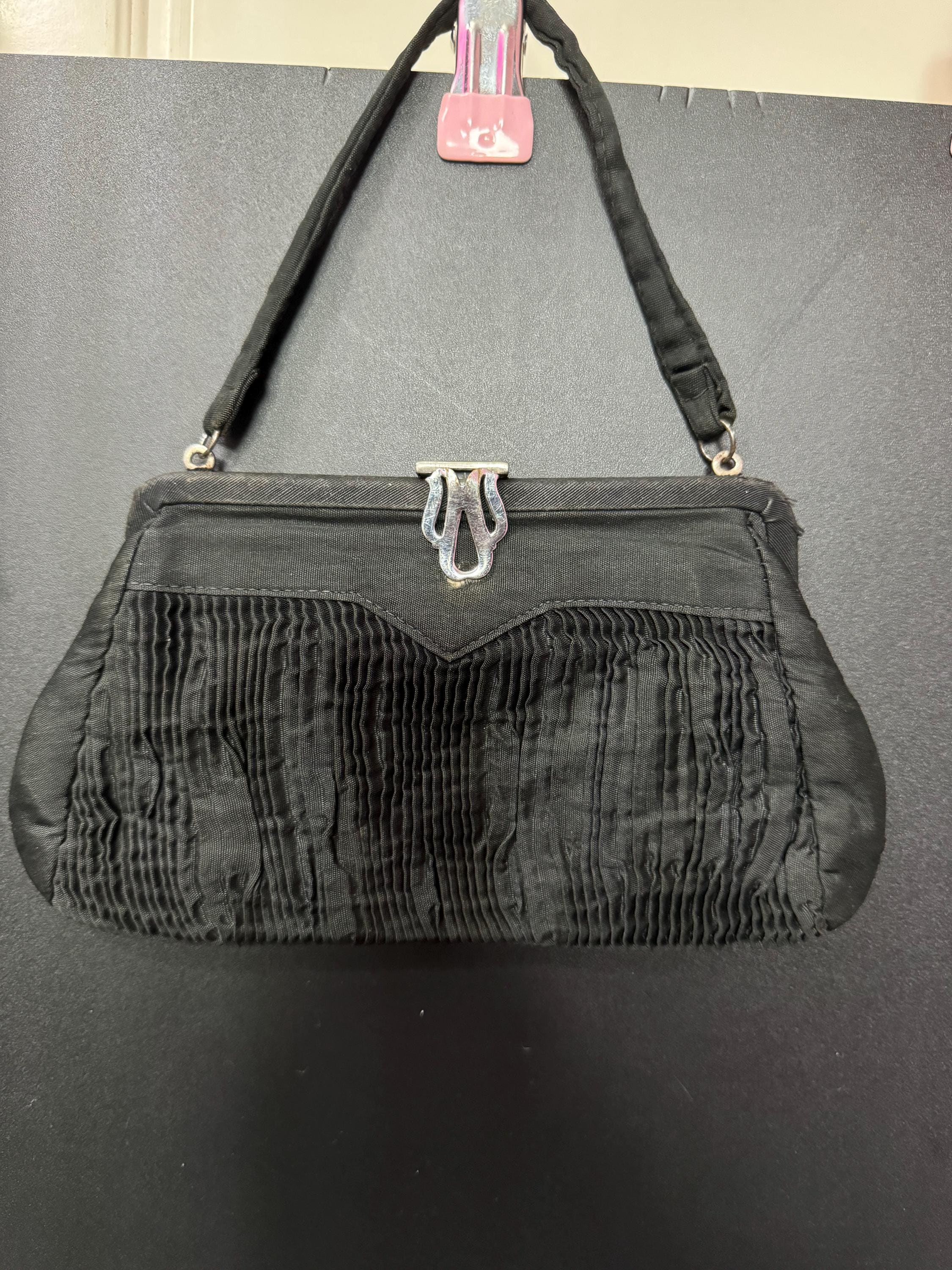 Art Deco Vintage little black evening bag purse with chrome finish