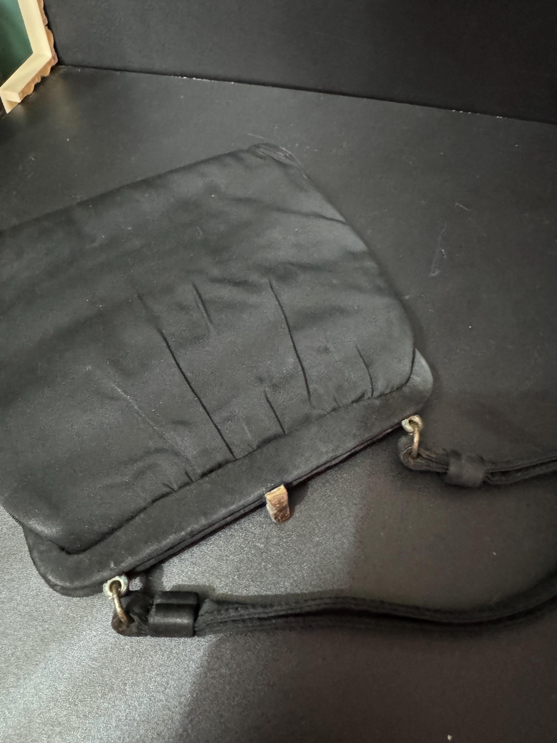Signed Vintage little black satin evening purse with ornate brass detail and clasp art deco