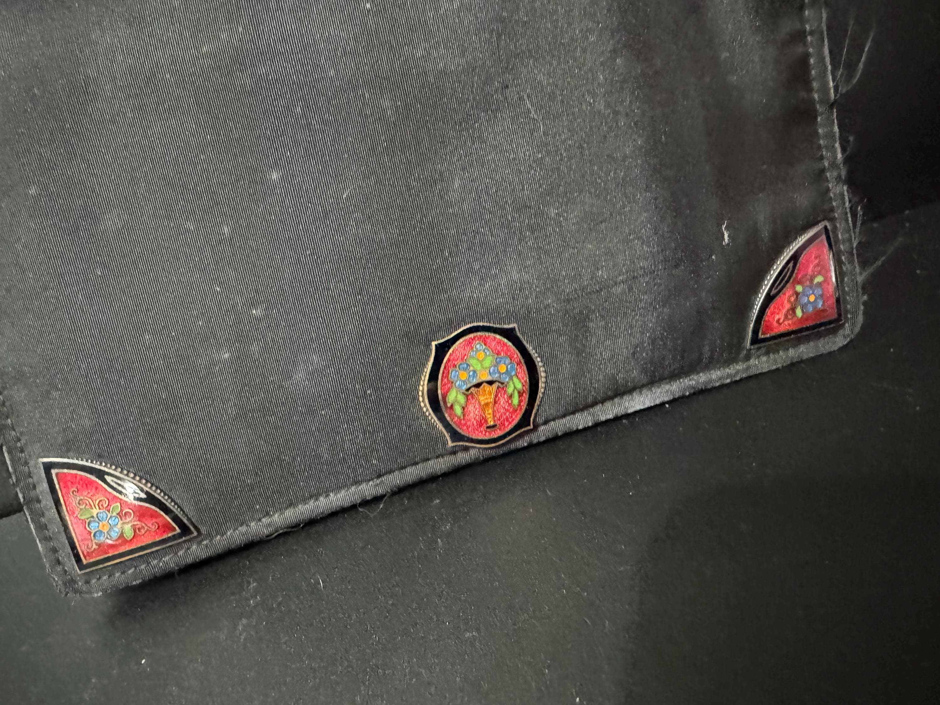 Art Deco painted silk Vintage little black evening clutch bag purse with mirror and guilloche enamel panels
