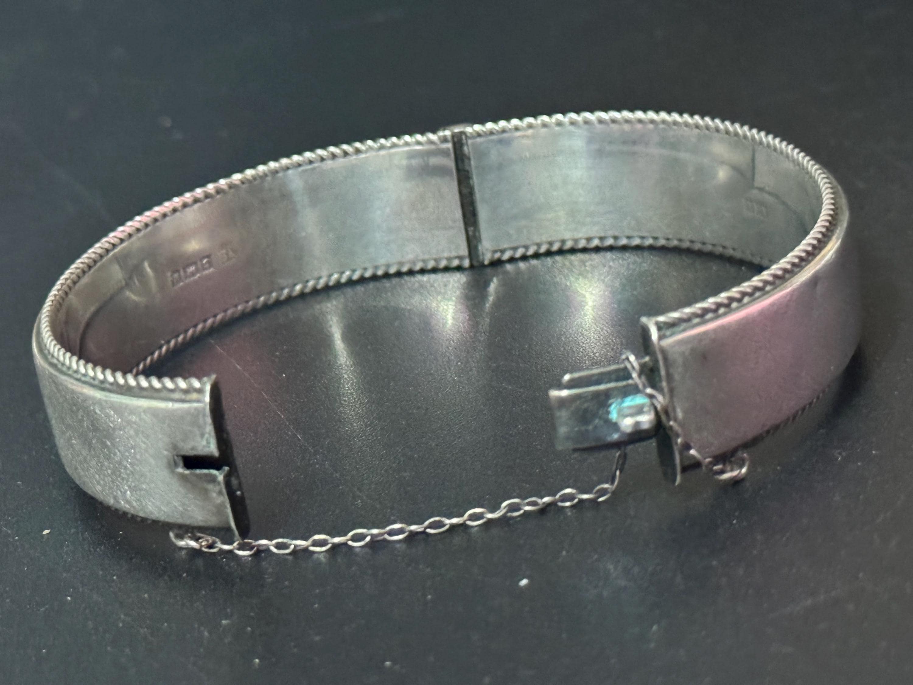 Antique wide sterling silver 925 plain curved cuff bangle full set hallmarks bracelet 24.2 grams