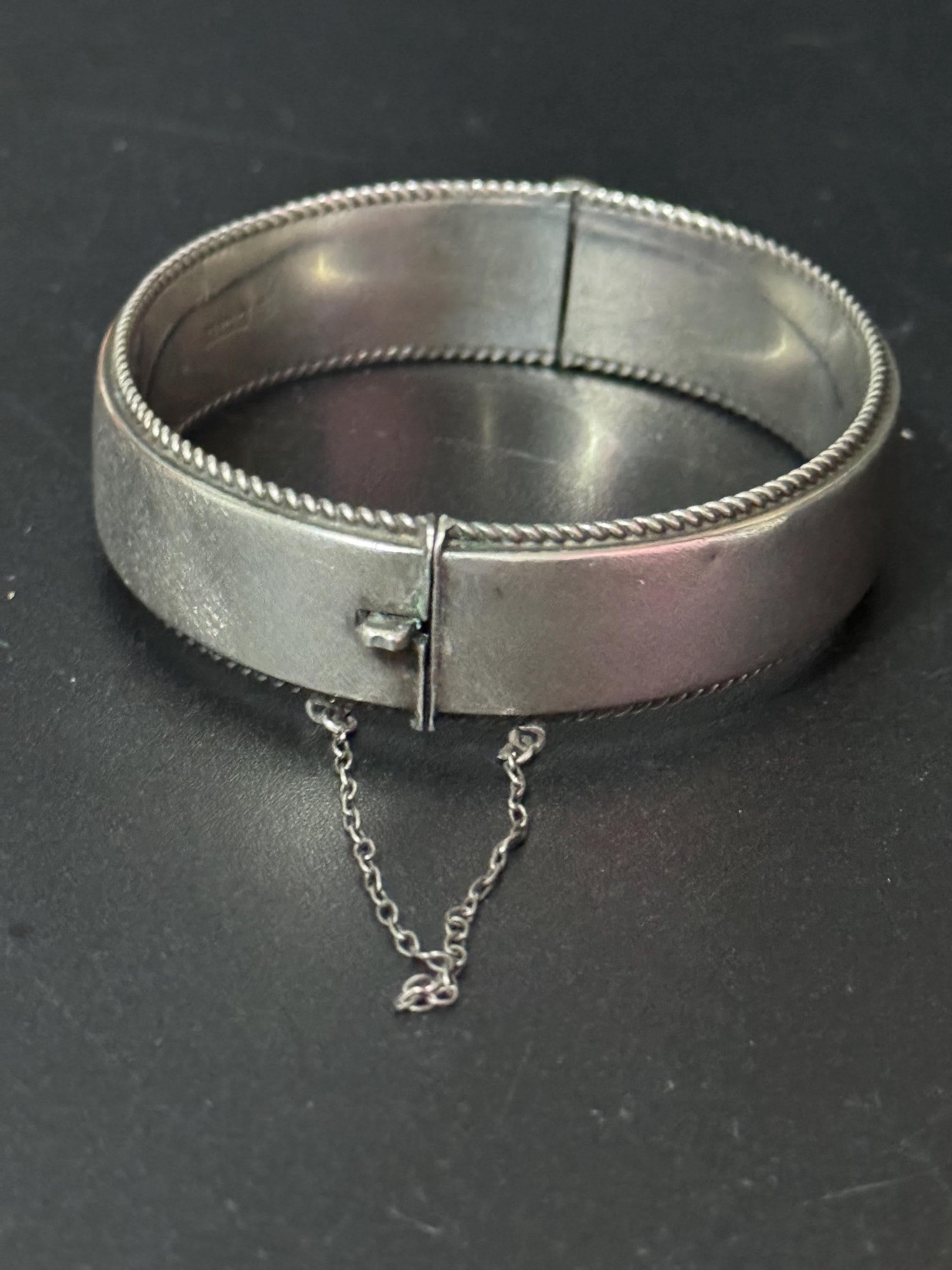 Antique wide sterling silver 925 plain curved cuff bangle full set hallmarks bracelet 24.2 grams