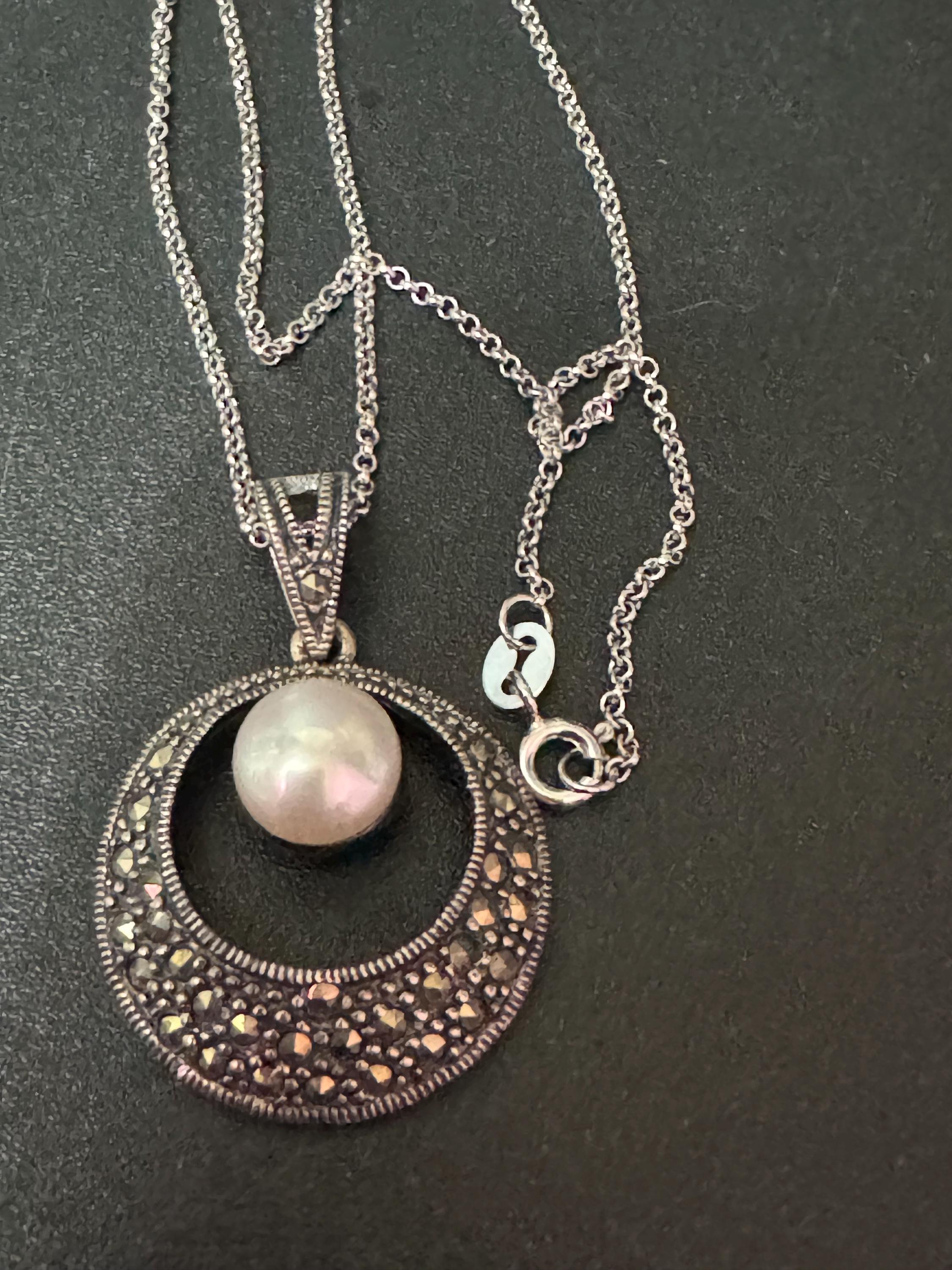 Vintage 925 silver, natural pearl and marcasite drop pendant necklace 40cm 8.3grams