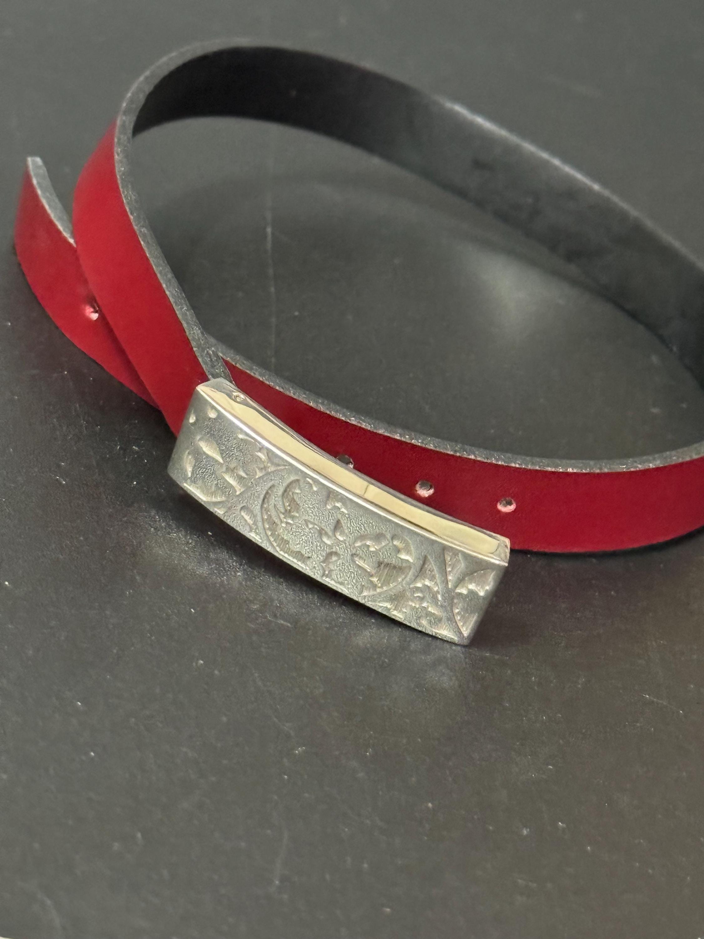Signed Kenzo sterling silver burgundy leather combination double bracelet or 37cm choker with 925 leaf motif hallmarked