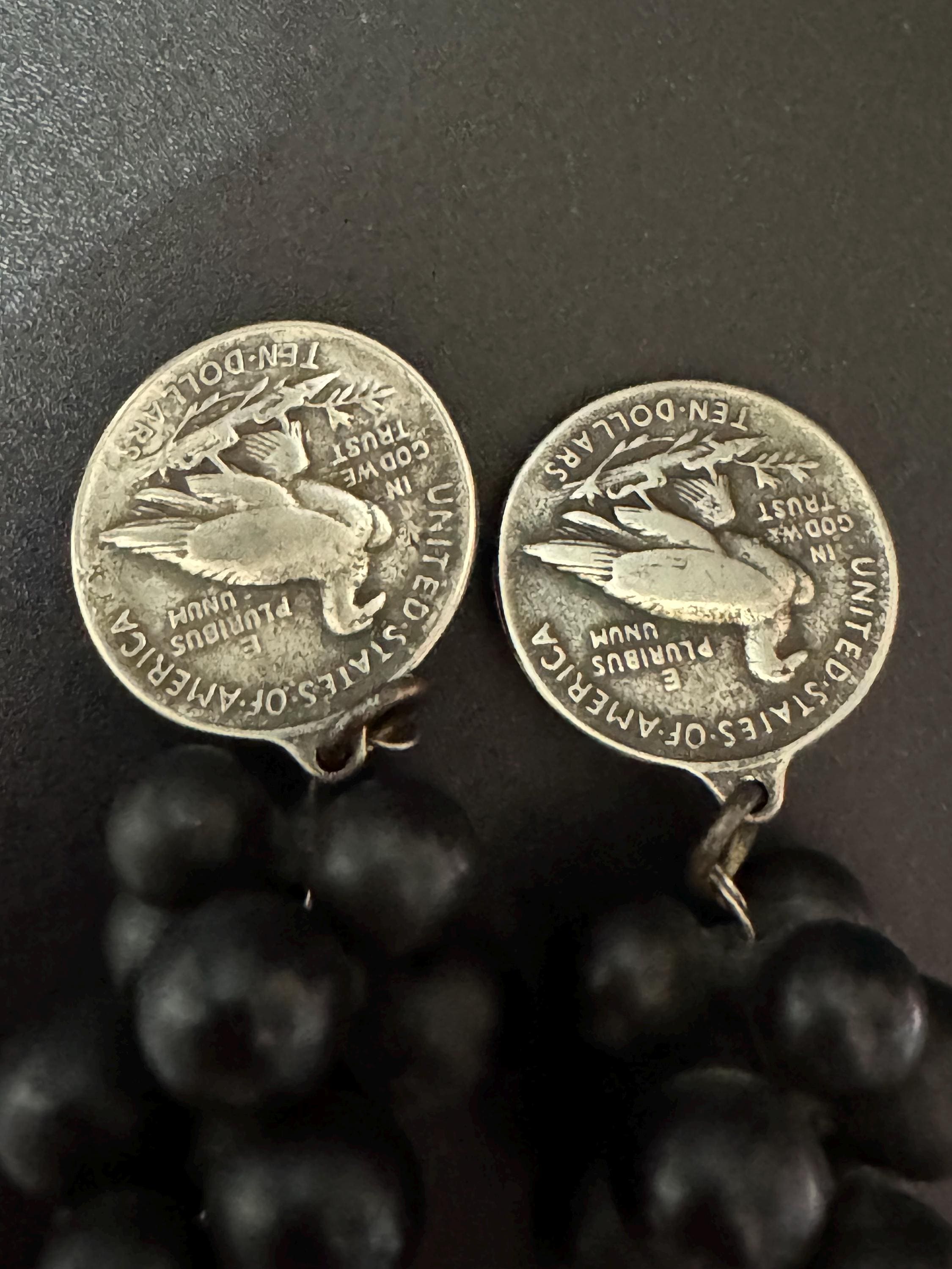 Vintage replica 1907 10 dollar coin black grape cluster oversized clip on earrings