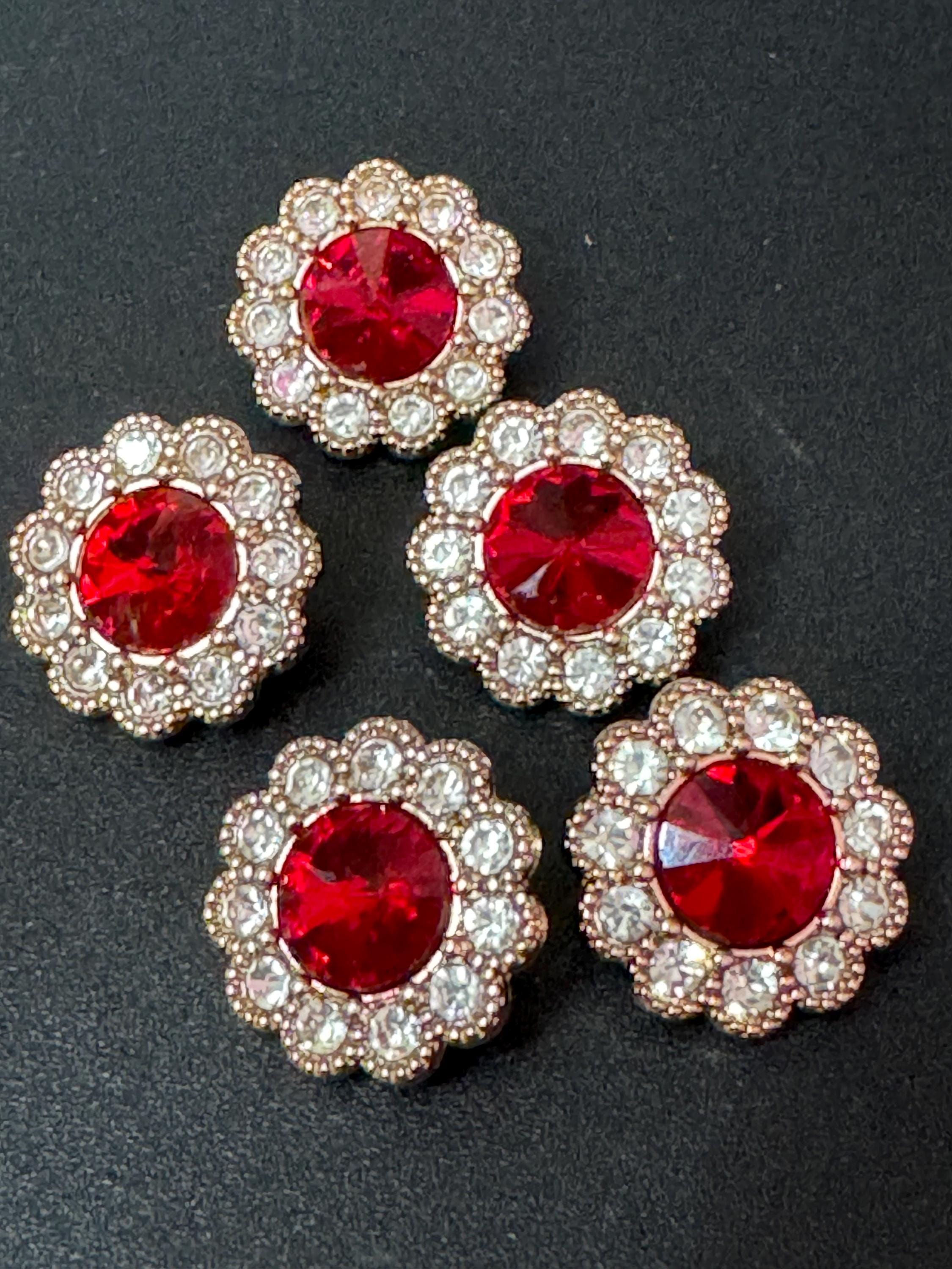 20mm clear and ruby red Rivoli Crystal glass flower buttons, pack of 5, gold tone metal