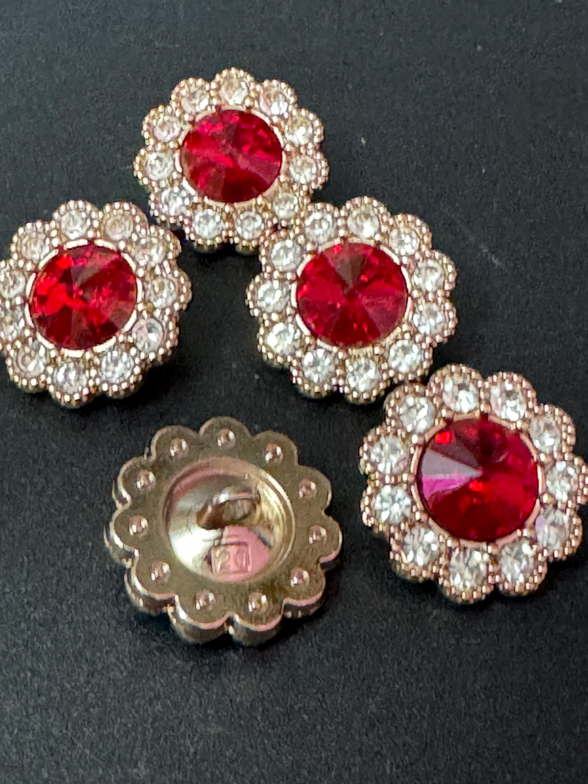 20mm clear and ruby red Rivoli Crystal glass flower buttons, pack of 5, gold tone metal