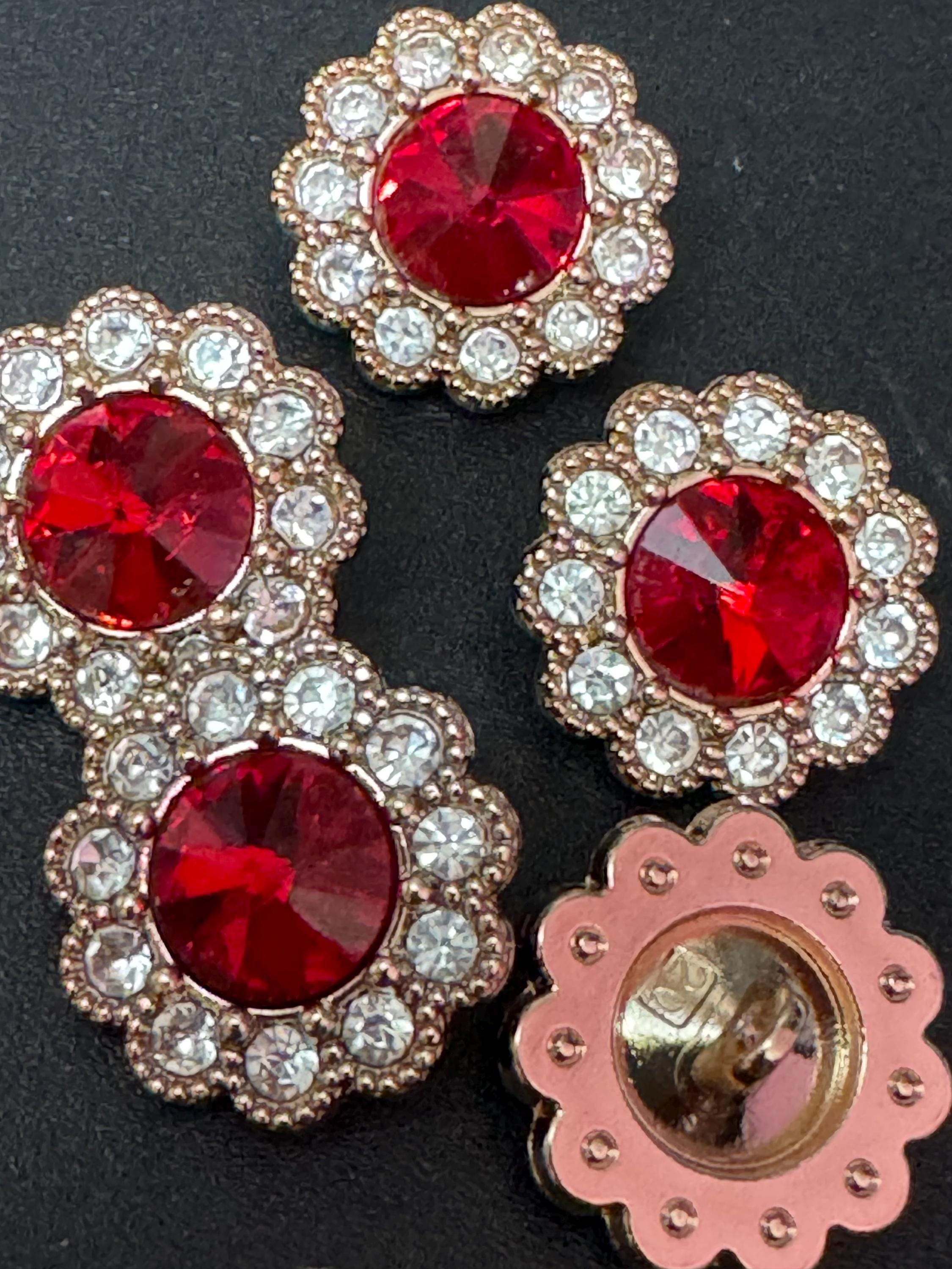20mm clear and ruby red Rivoli Crystal glass flower buttons, pack of 5, gold tone metal