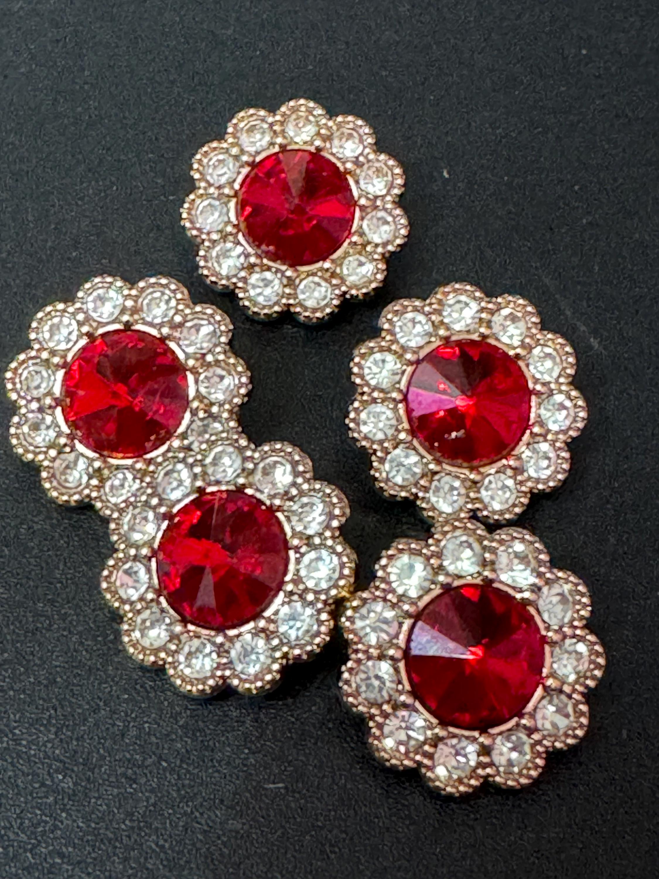 20mm clear and ruby red Rivoli Crystal glass flower buttons, pack of 5, gold tone metal