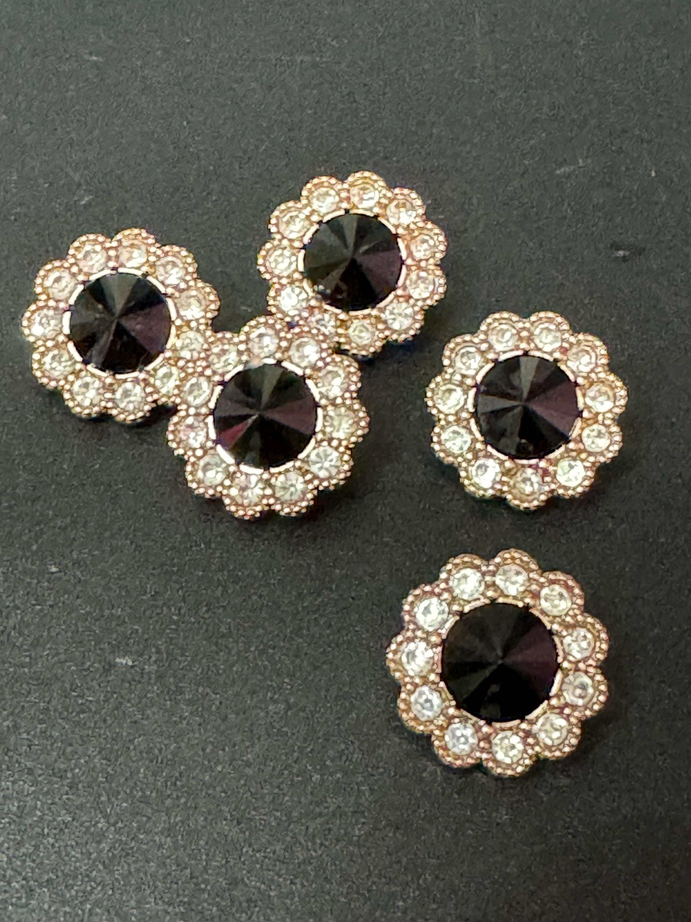 20mm clear and black Rivoli Crystal glass flower buttons, pack of 5, gold tone metal