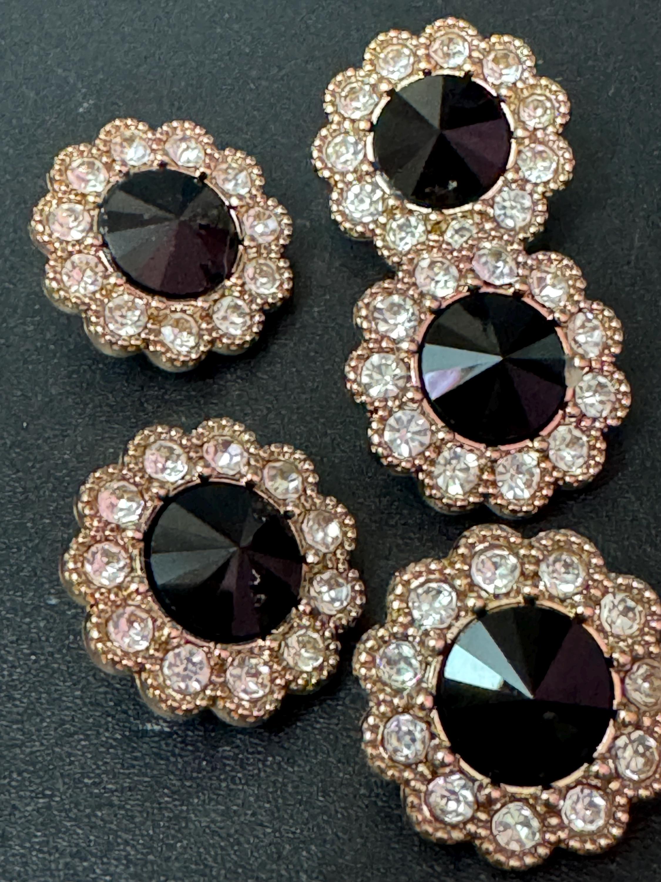 20mm clear and black Rivoli Crystal glass flower buttons, pack of 5, gold tone metal