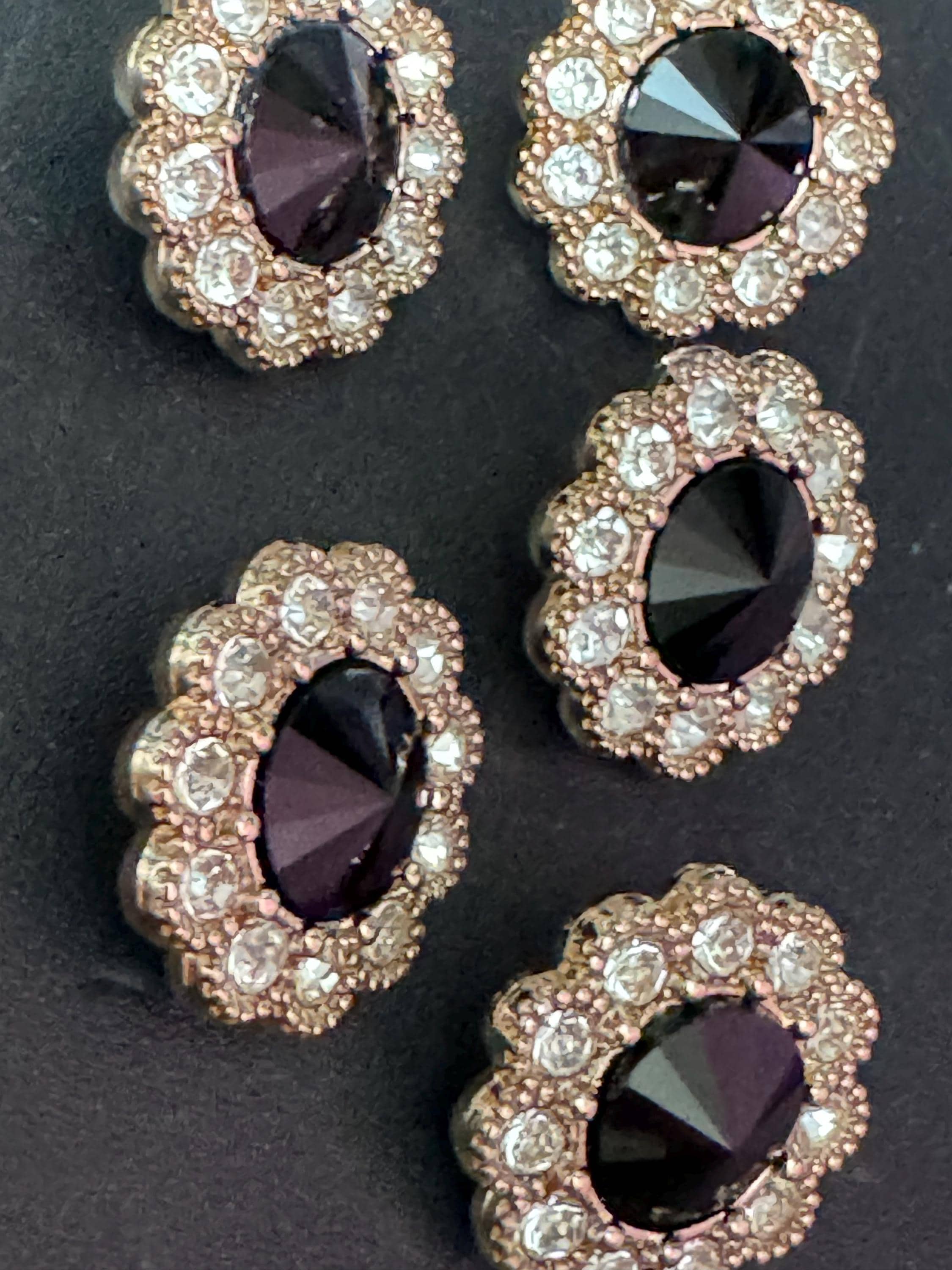 20mm clear and black Rivoli Crystal glass flower buttons, pack of 5, gold tone metal