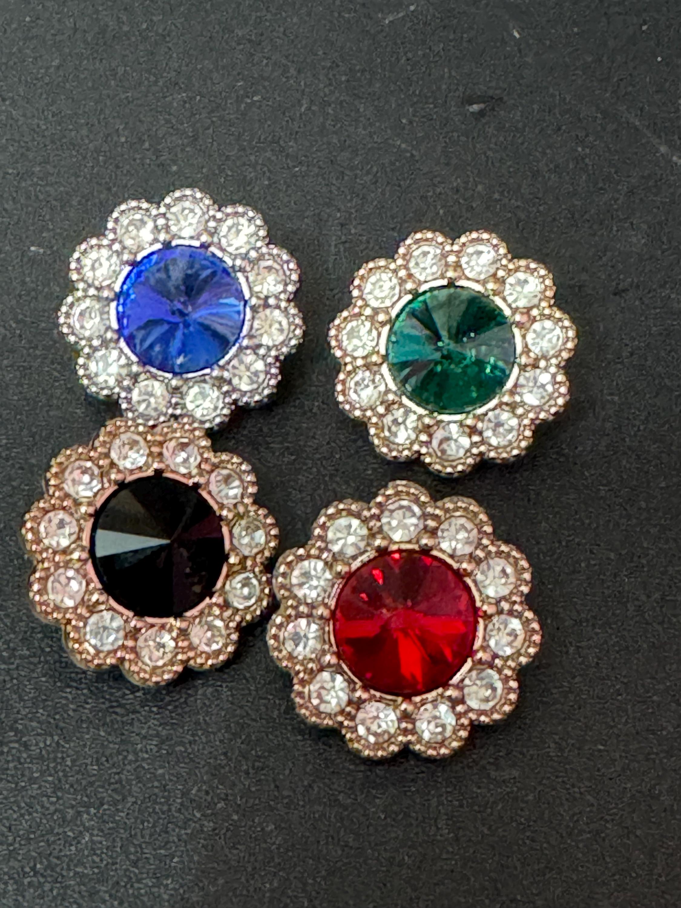 20mm clear and black Rivoli Crystal glass flower buttons, pack of 5, gold tone metal