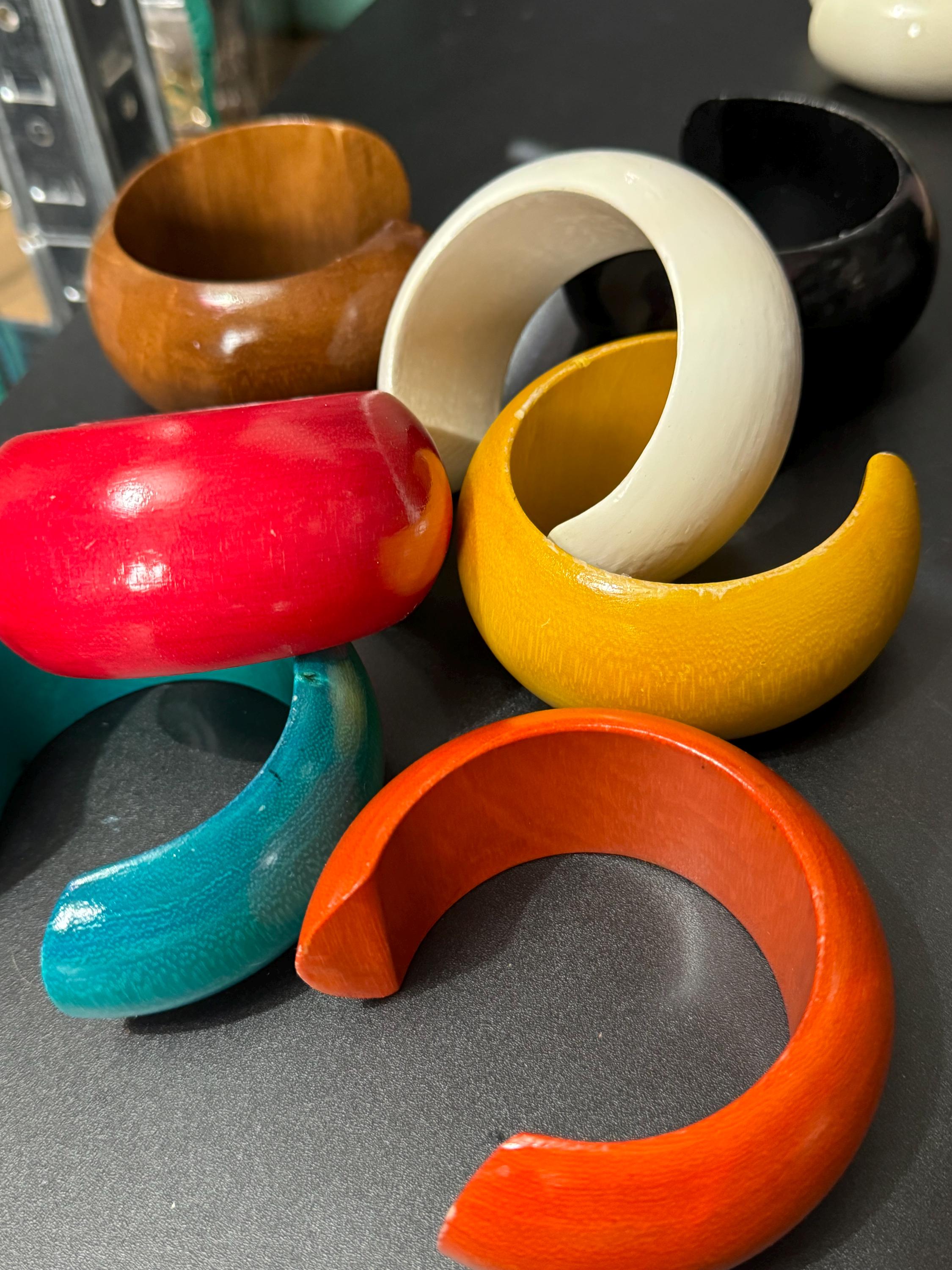 Retro 4cm wide coloured wooden bangles,  open cuff bracelets,  create a bangle stack