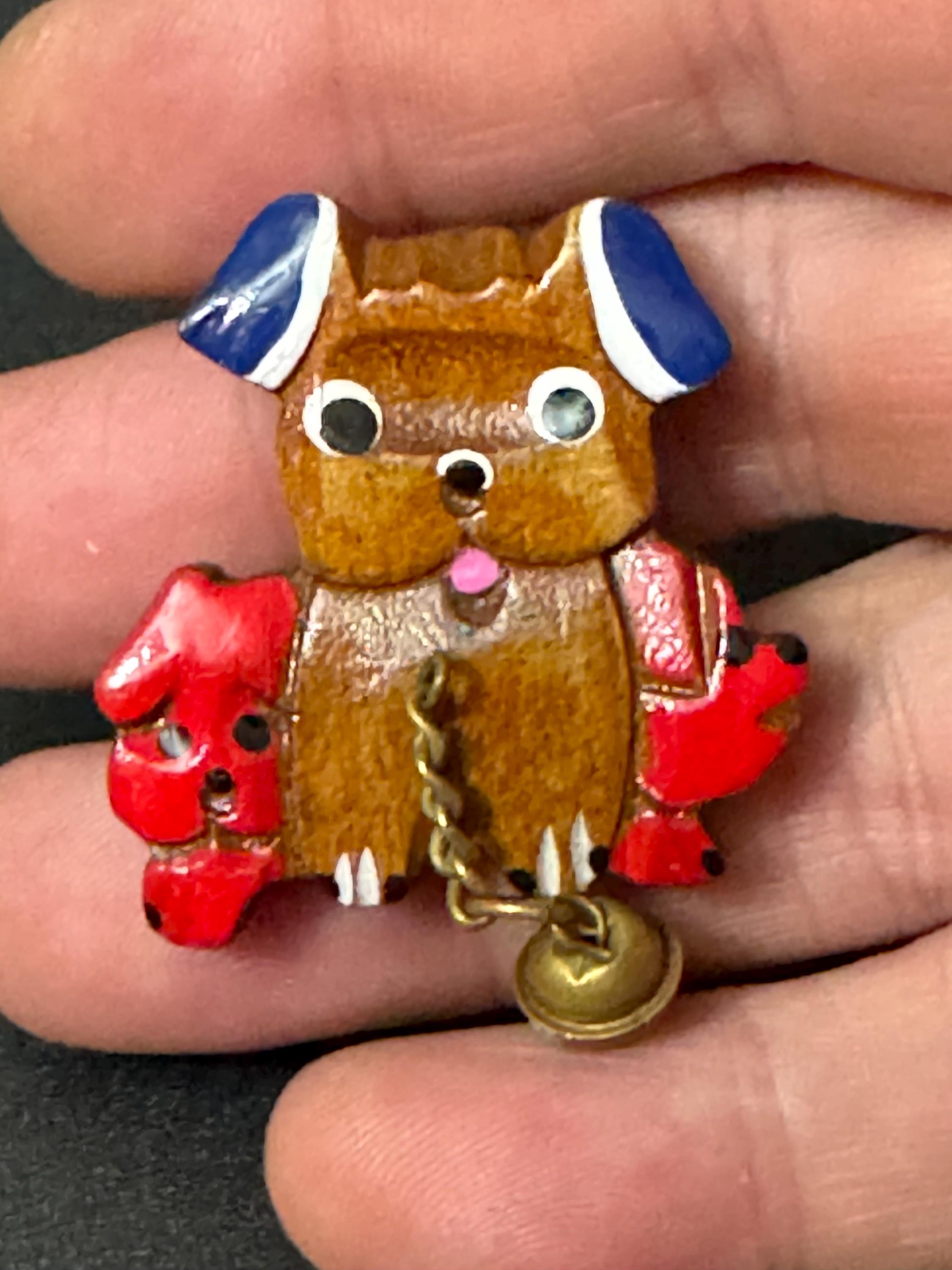 Early wooden brown novelty dog brooch, stamped foreign with brass bells mid century