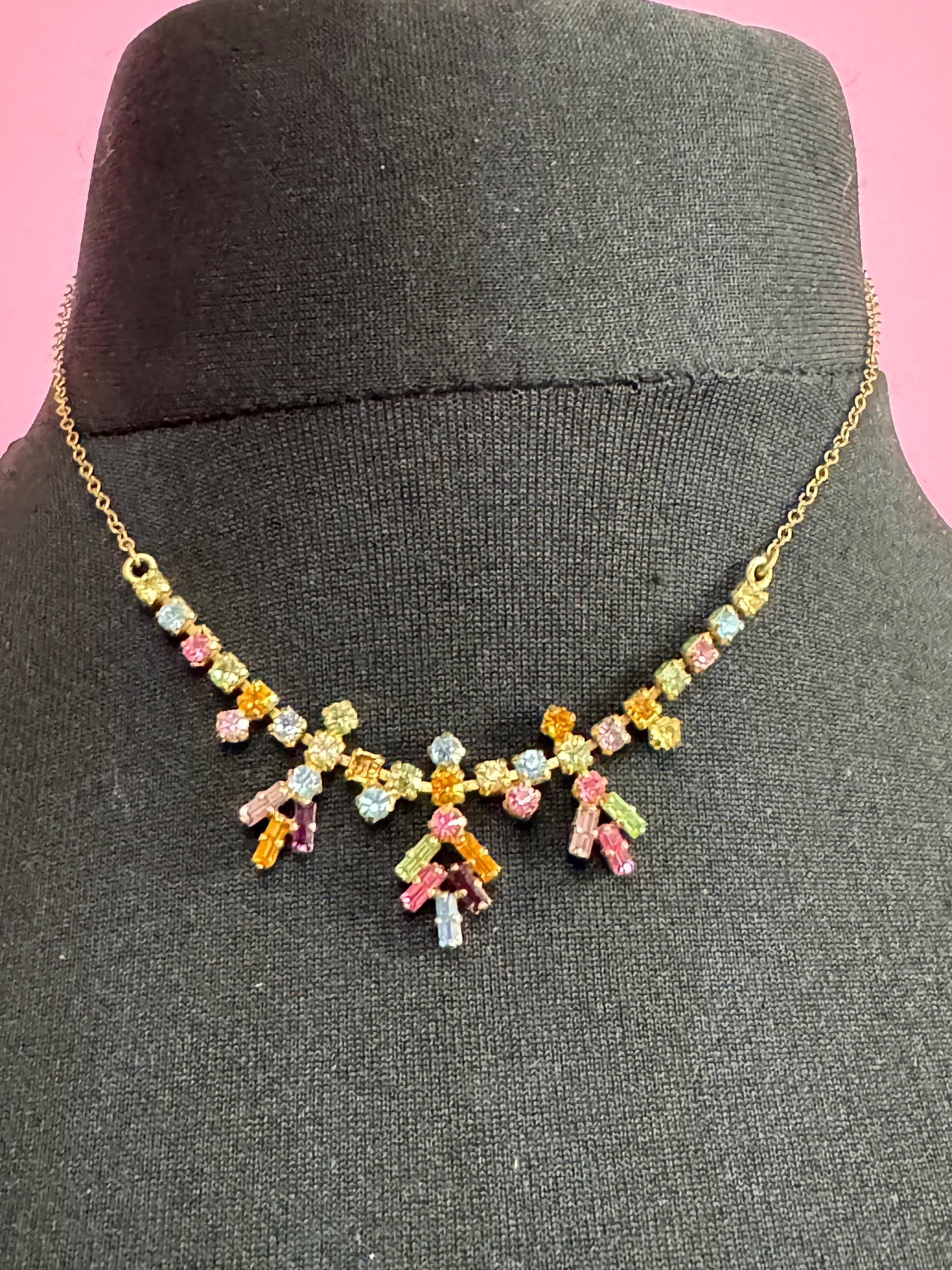 16 inch 41cm gold tone pastel pink blue black coloured  glass Diamanté rhinestone paste cocktail necklace
