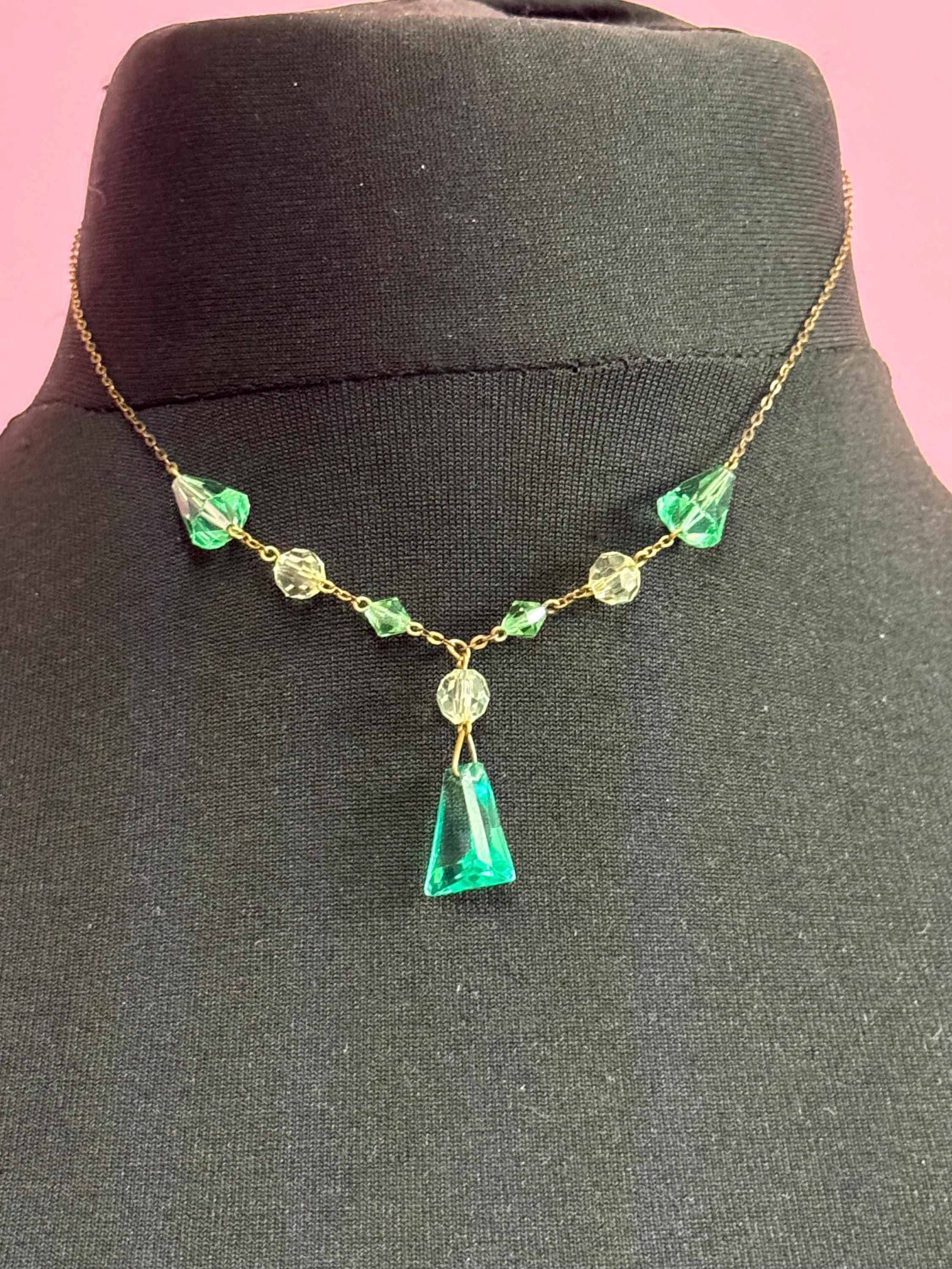 Art Deco Czech Open Back clear crystal and emerald green glass rhinestone dropper Necklace 1930s
