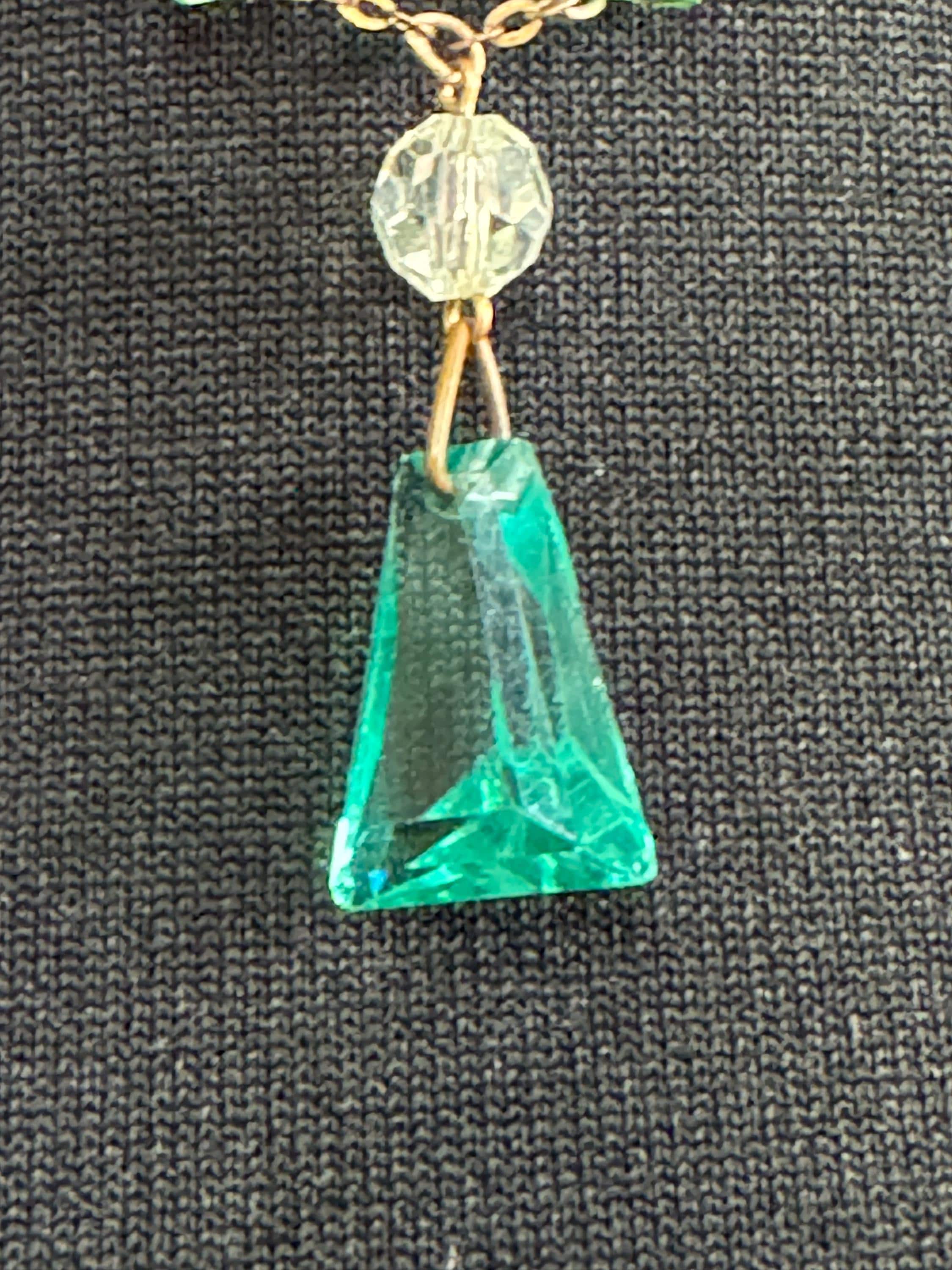 Art Deco Czech Open Back clear crystal and emerald green glass rhinestone dropper Necklace 1930s