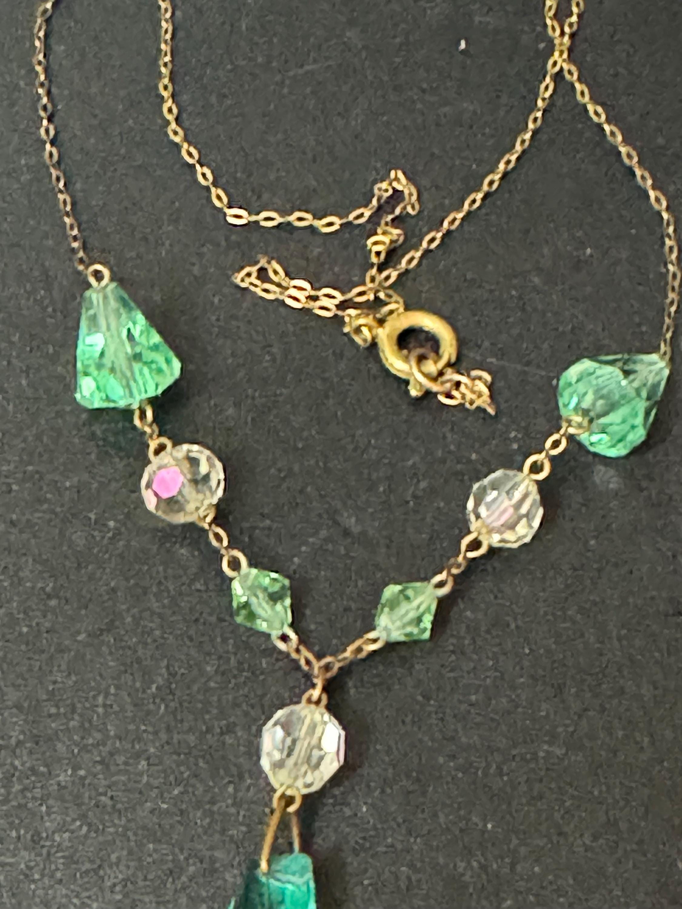 Art Deco Czech Open Back clear crystal and emerald green glass rhinestone dropper Necklace 1930s
