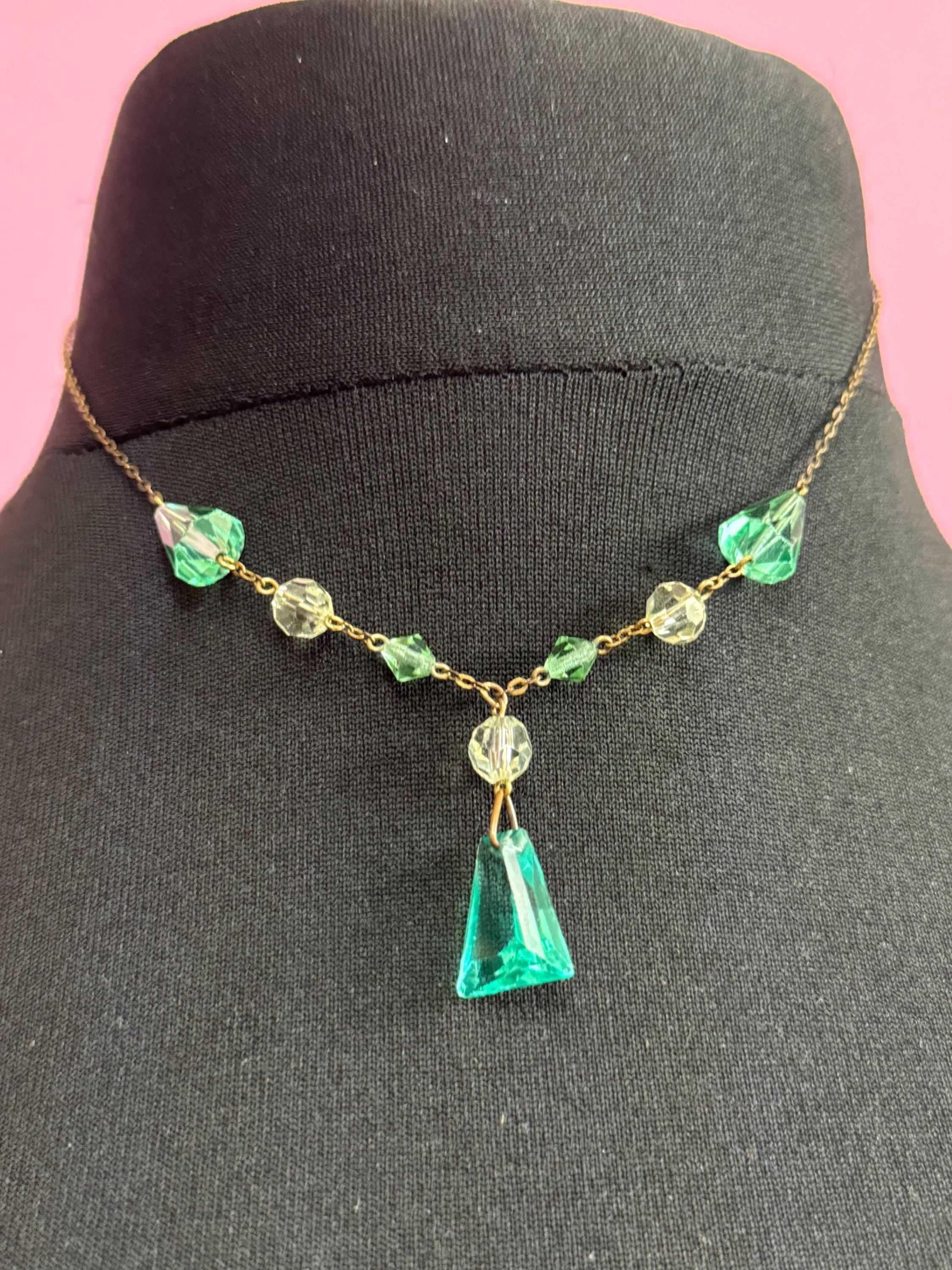 Art Deco Czech Open Back clear crystal and emerald green glass rhinestone dropper Necklace 1930s