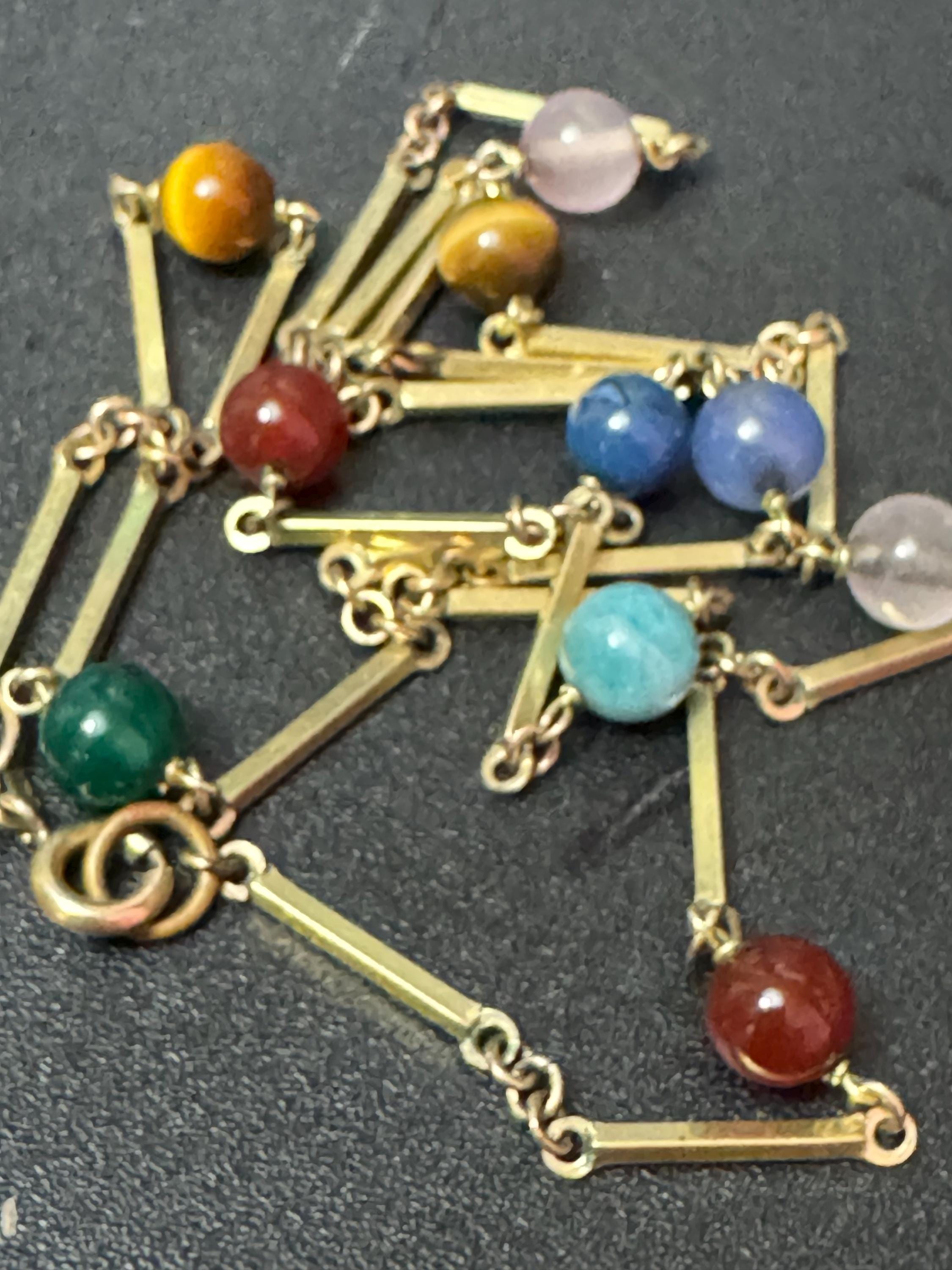 Vintage 50cm rolled gold tone bar link chain necklace with gemstone beads stamped AmD AH