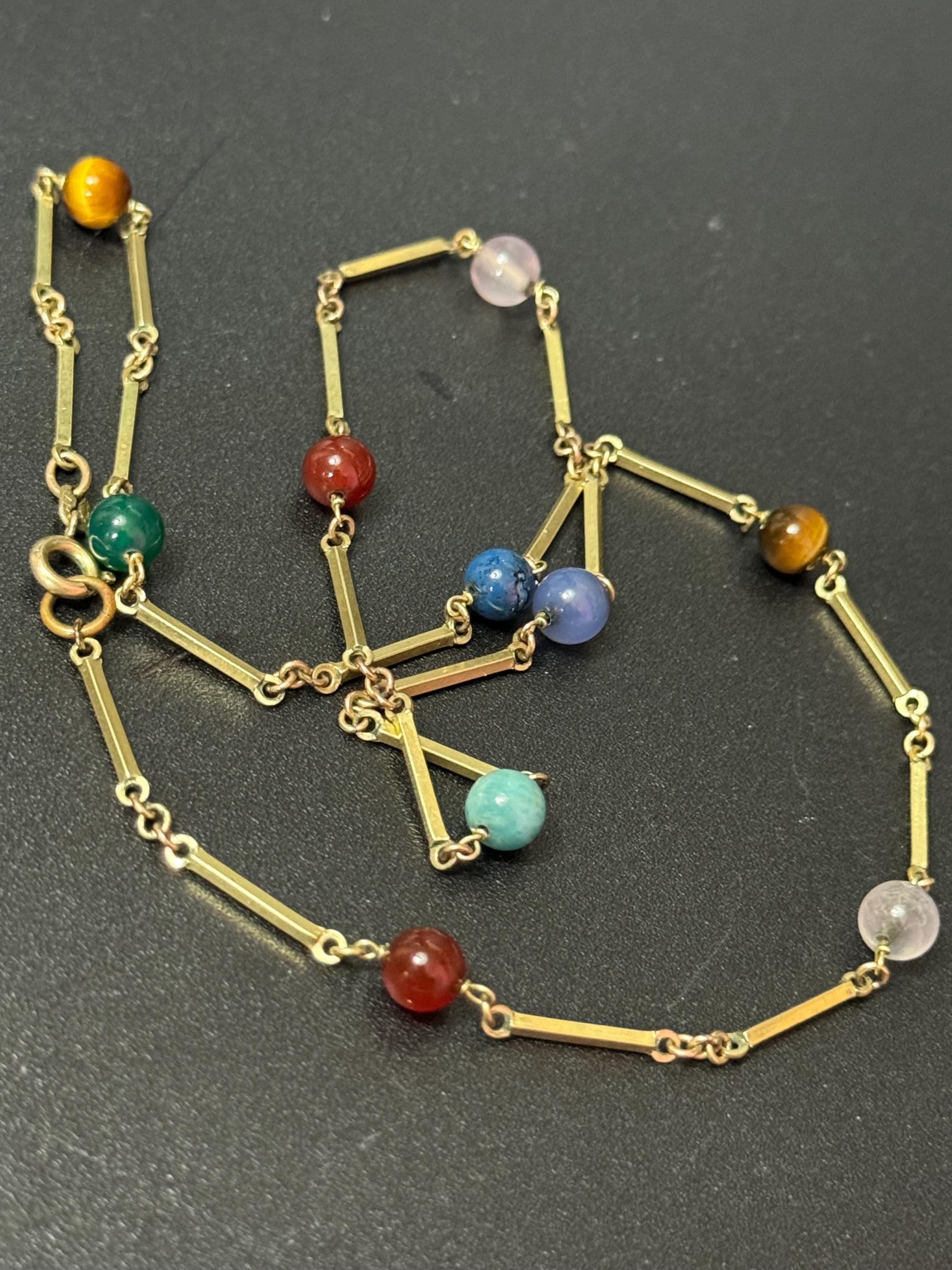 Vintage 50cm rolled gold tone bar link chain necklace with gemstone beads stamped AmD AH