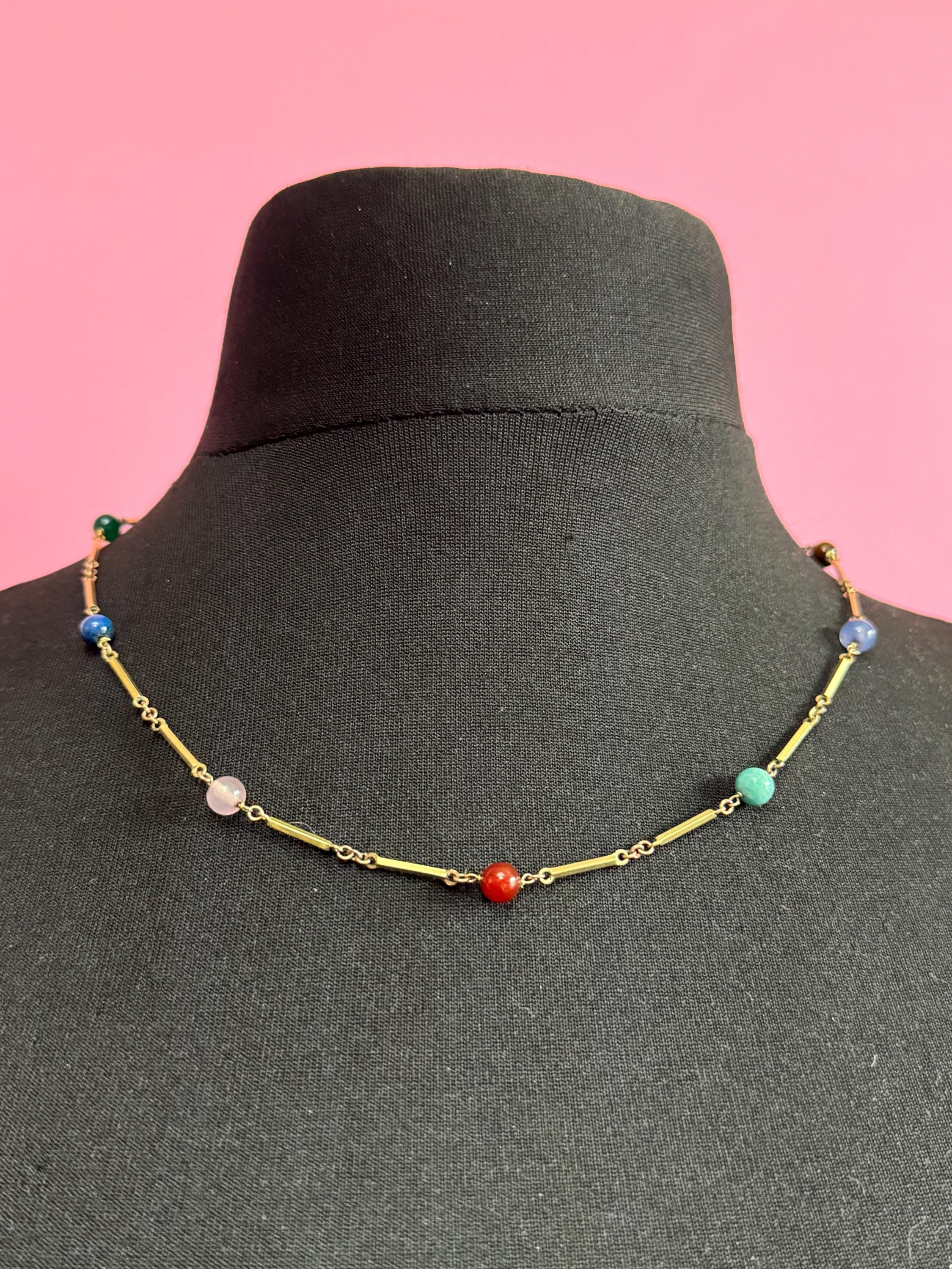 Vintage 50cm rolled gold tone bar link chain necklace with gemstone beads stamped AmD AH