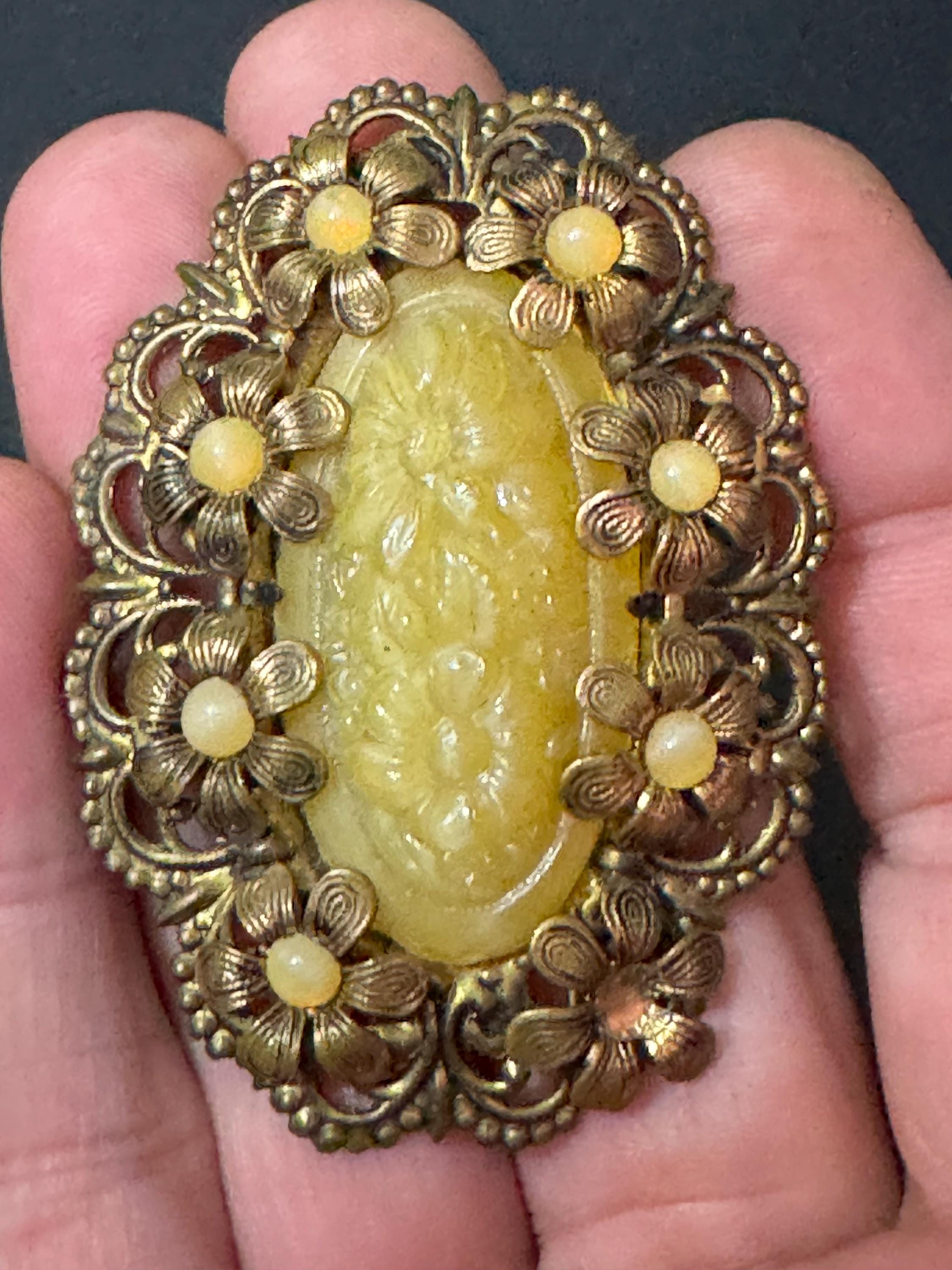 Antique Czech Art Deco Brooch: Pale Green Glass Cabochon, Filigree Brass