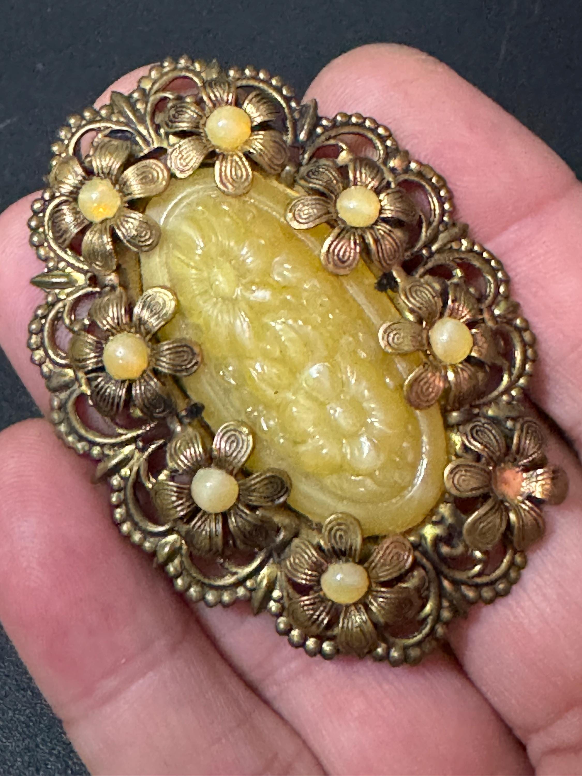 Antique Czech Art Deco Brooch: Pale Green Glass Cabochon, Filigree Brass