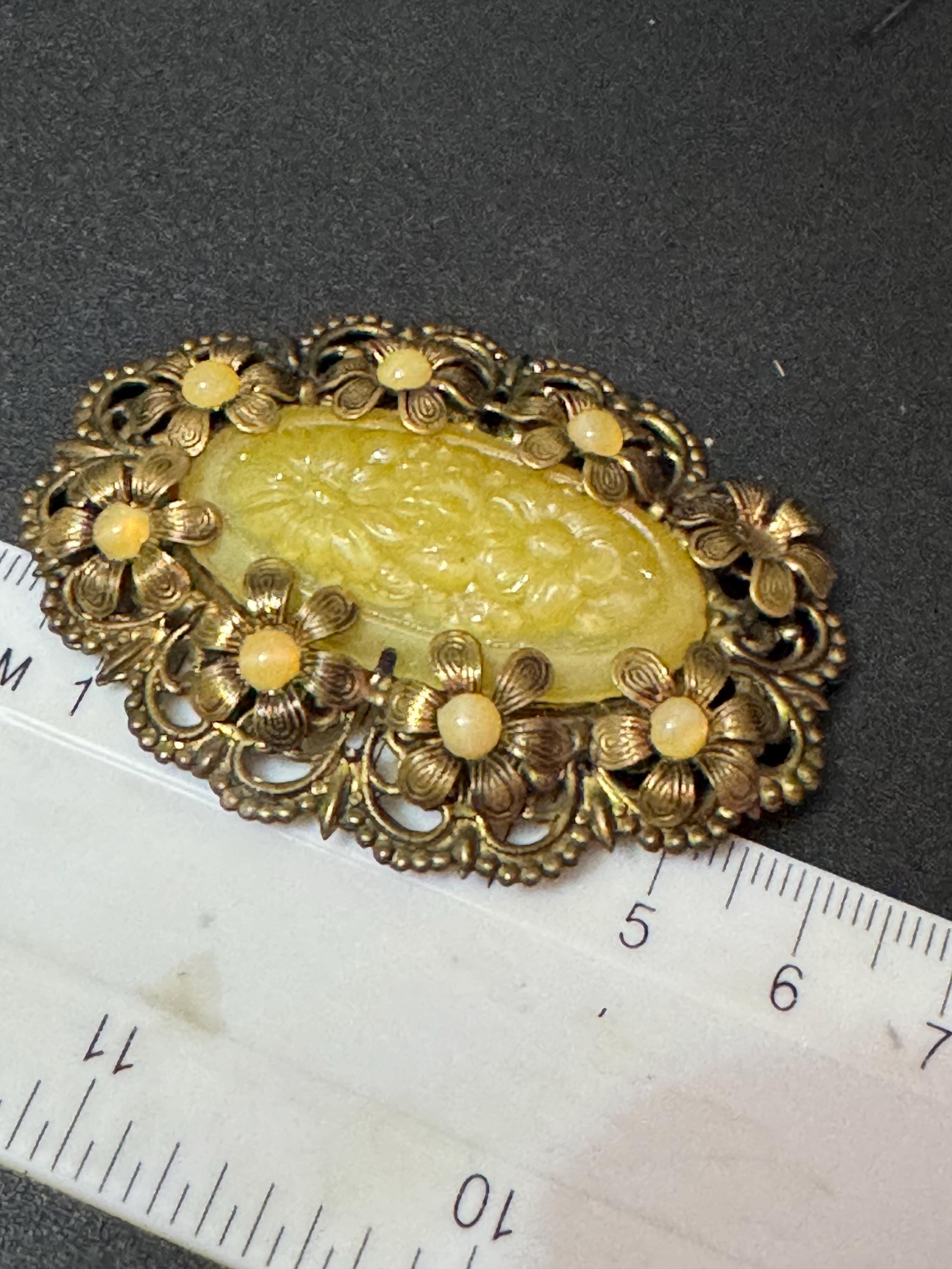 Antique Czech Art Deco Brooch: Pale Green Glass Cabochon, Filigree Brass
