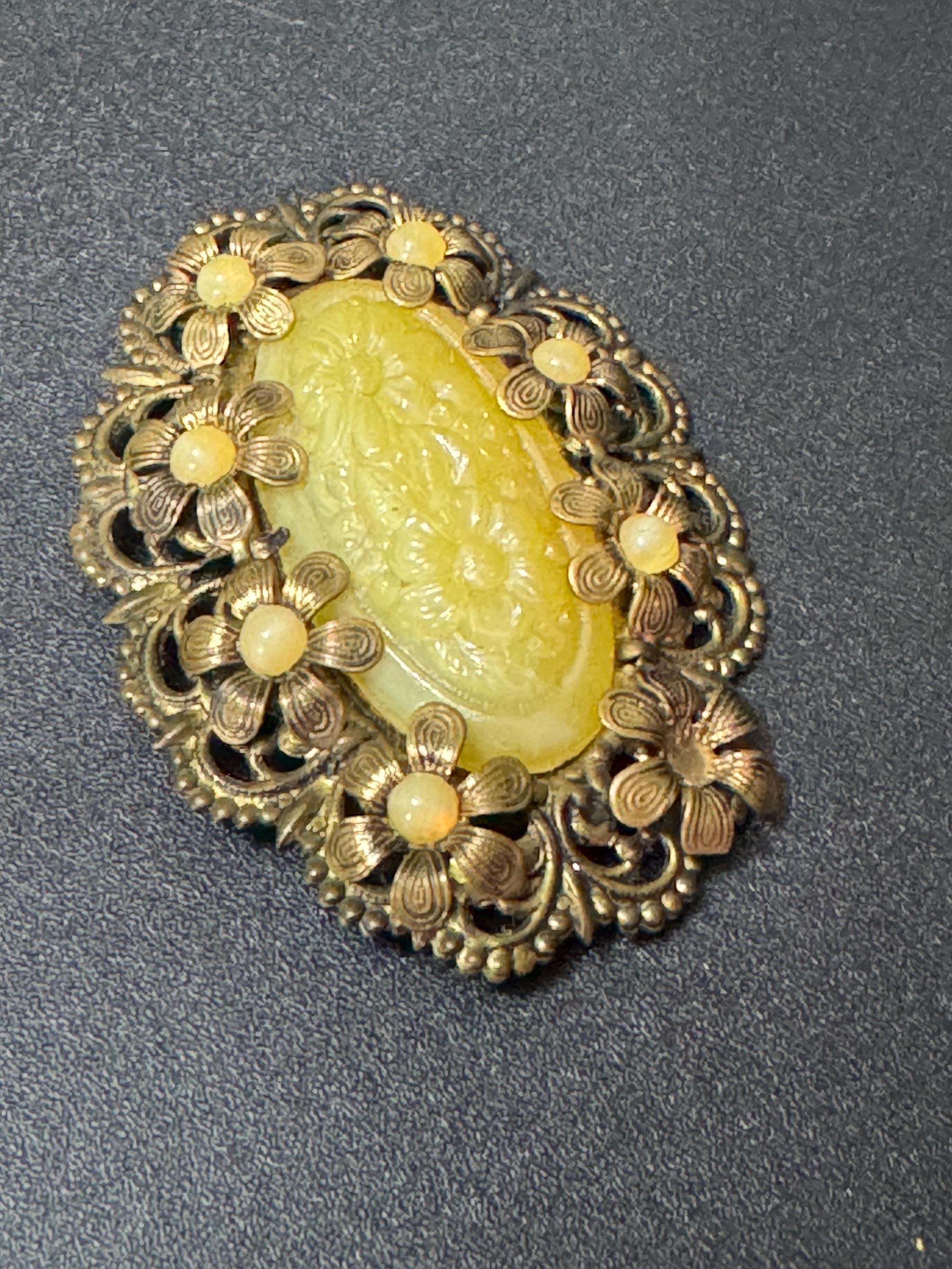 Antique Czech Art Deco Brooch: Pale Green Glass Cabochon, Filigree Brass