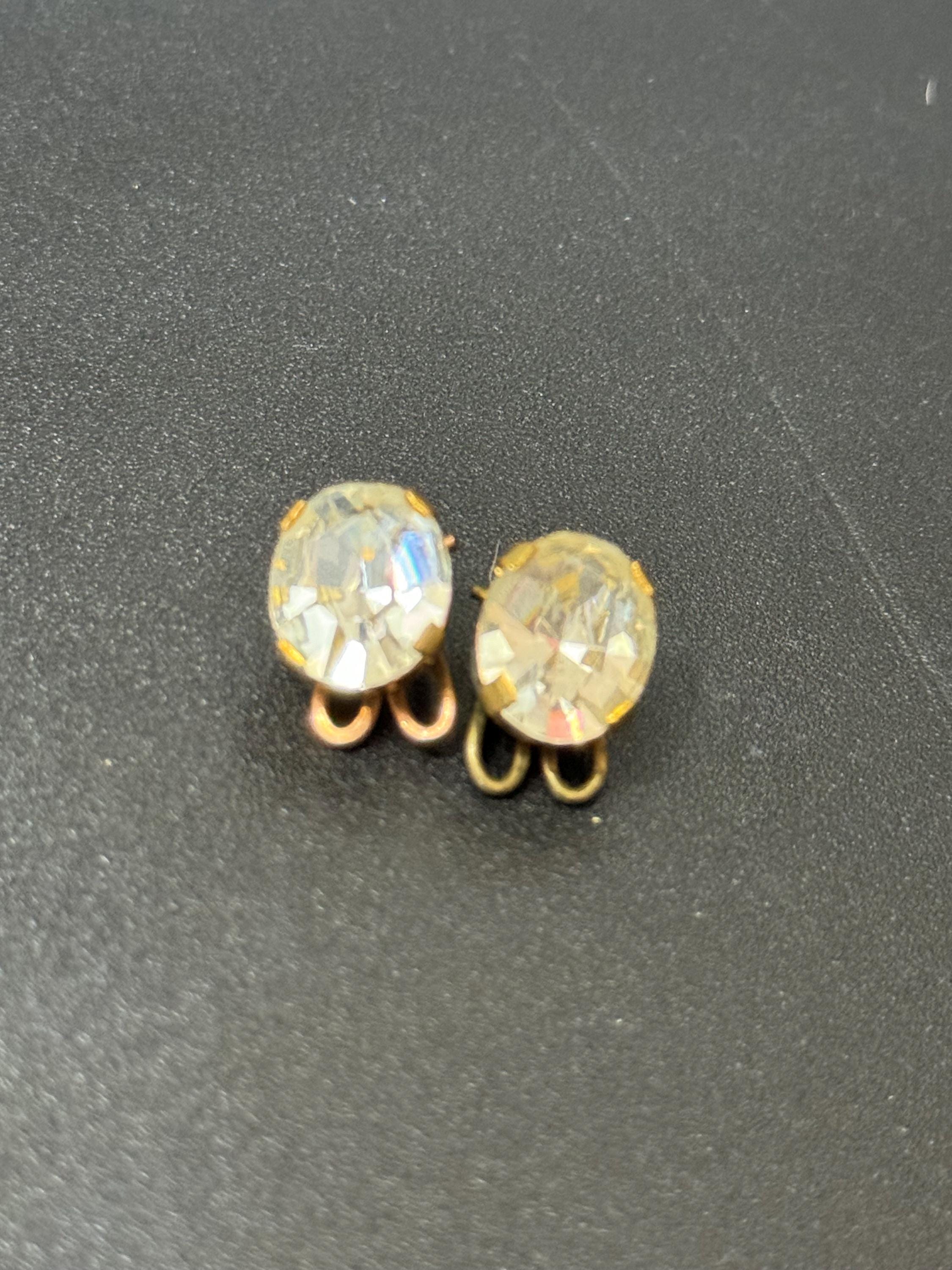 Small dainty oval Clear Diamanté paste gold tone Clip On Earrings