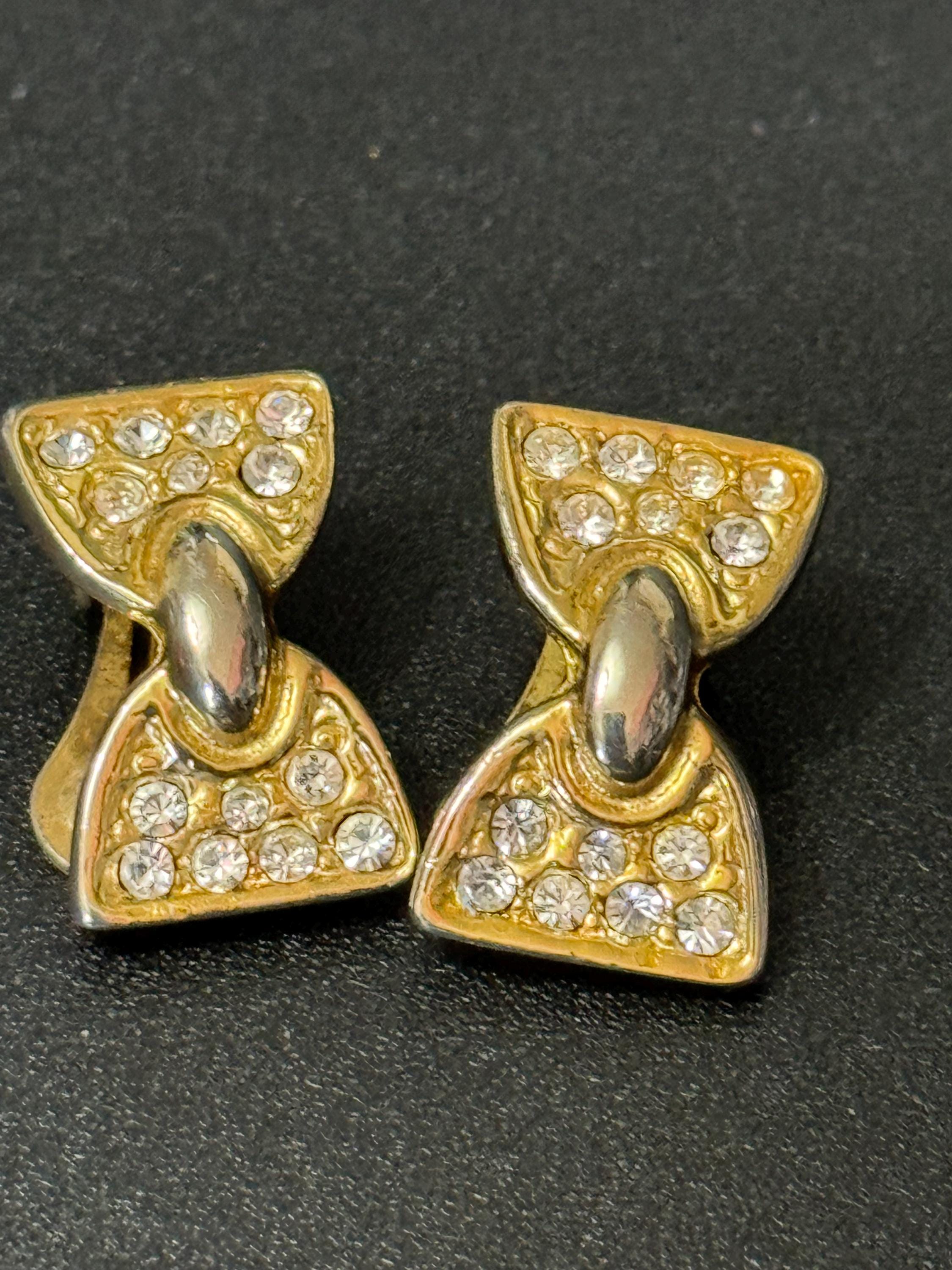 Small clear Diamanté paste gold tone bow shaped Clip On Earrings