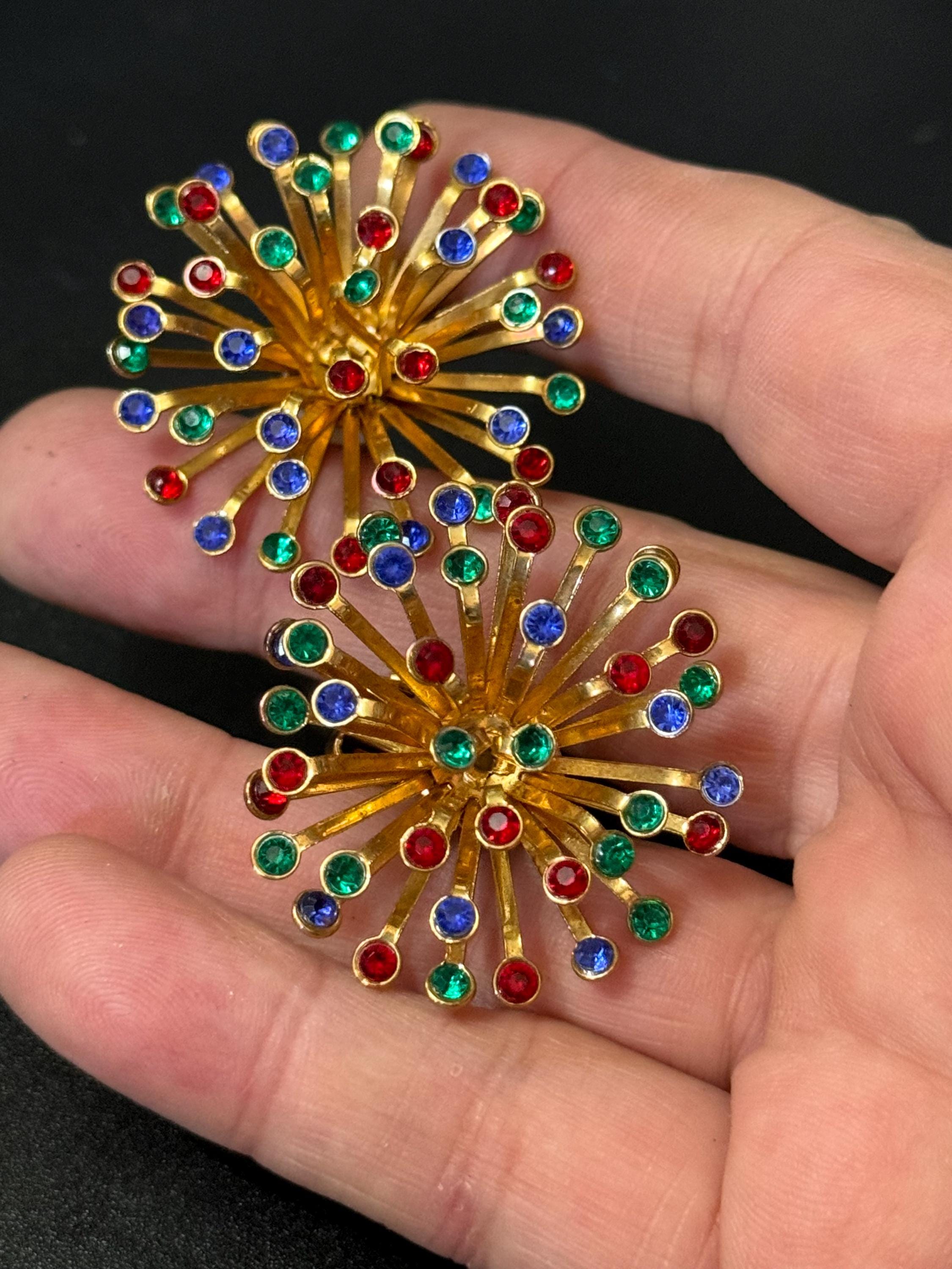 Vintage Oversized rainbow diamanté Clip On atomic starburst clip on Earrings gold Tone
