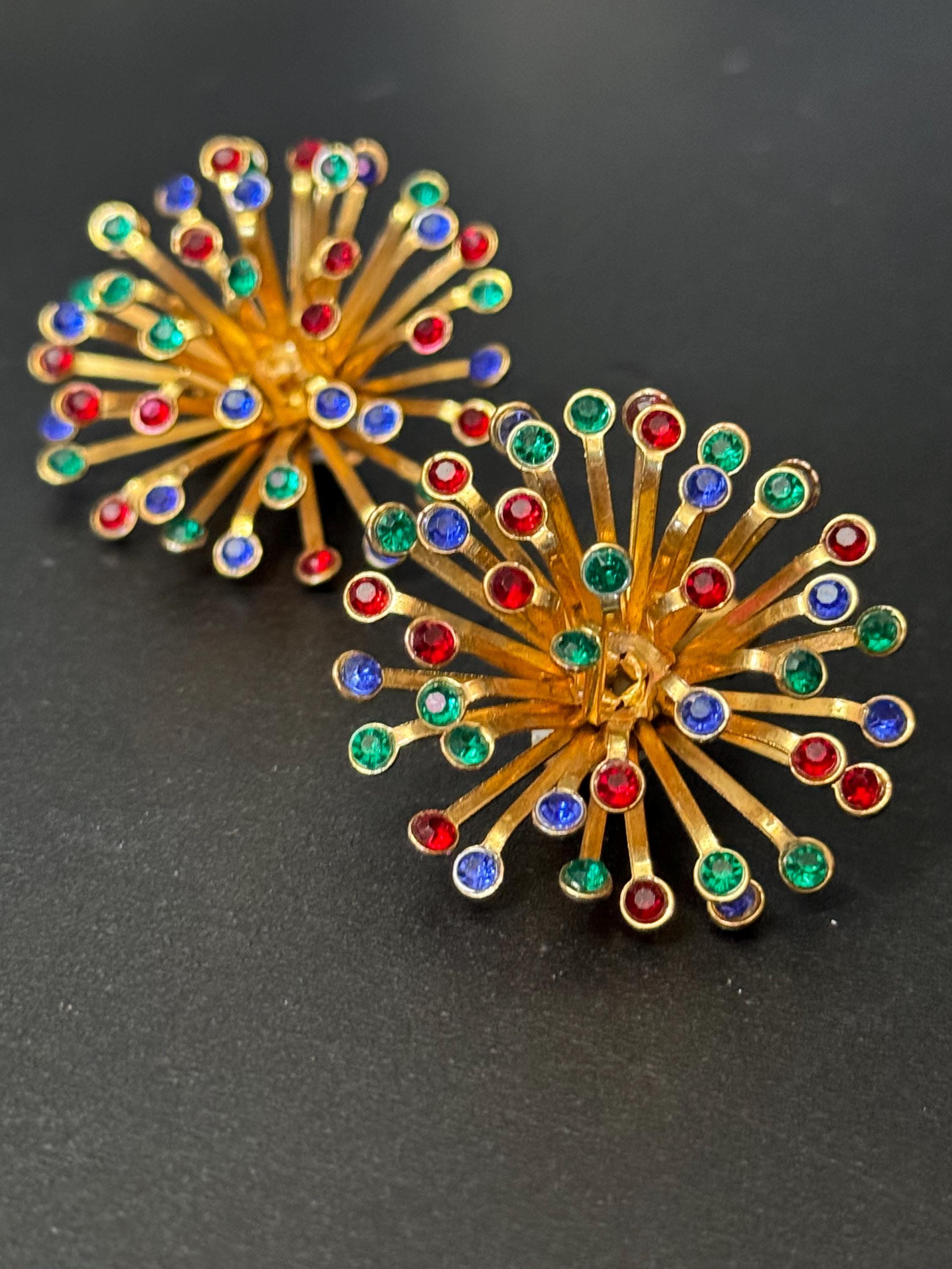Vintage Oversized rainbow diamanté Clip On atomic starburst clip on Earrings gold Tone