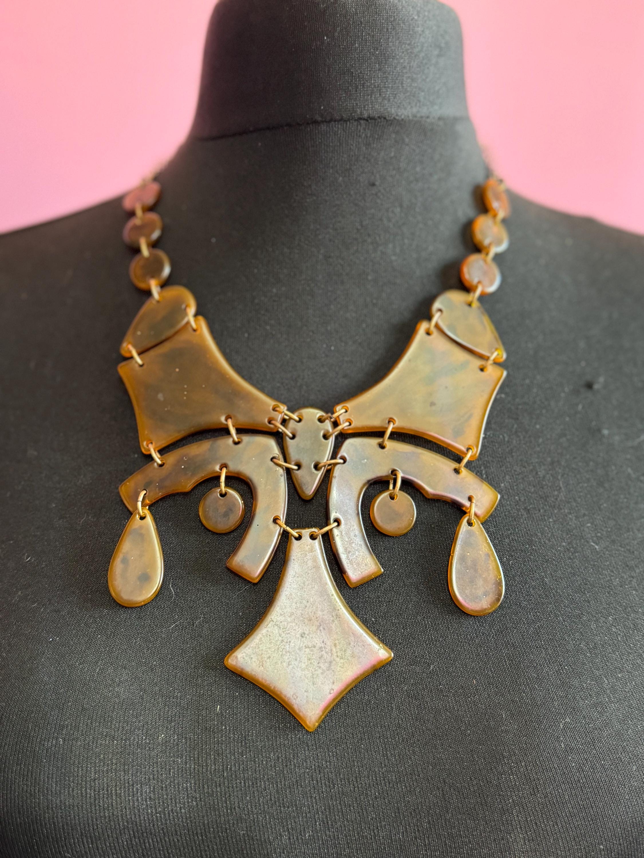 Vintage faux tortoiseshell panel link bib necklace 59cm