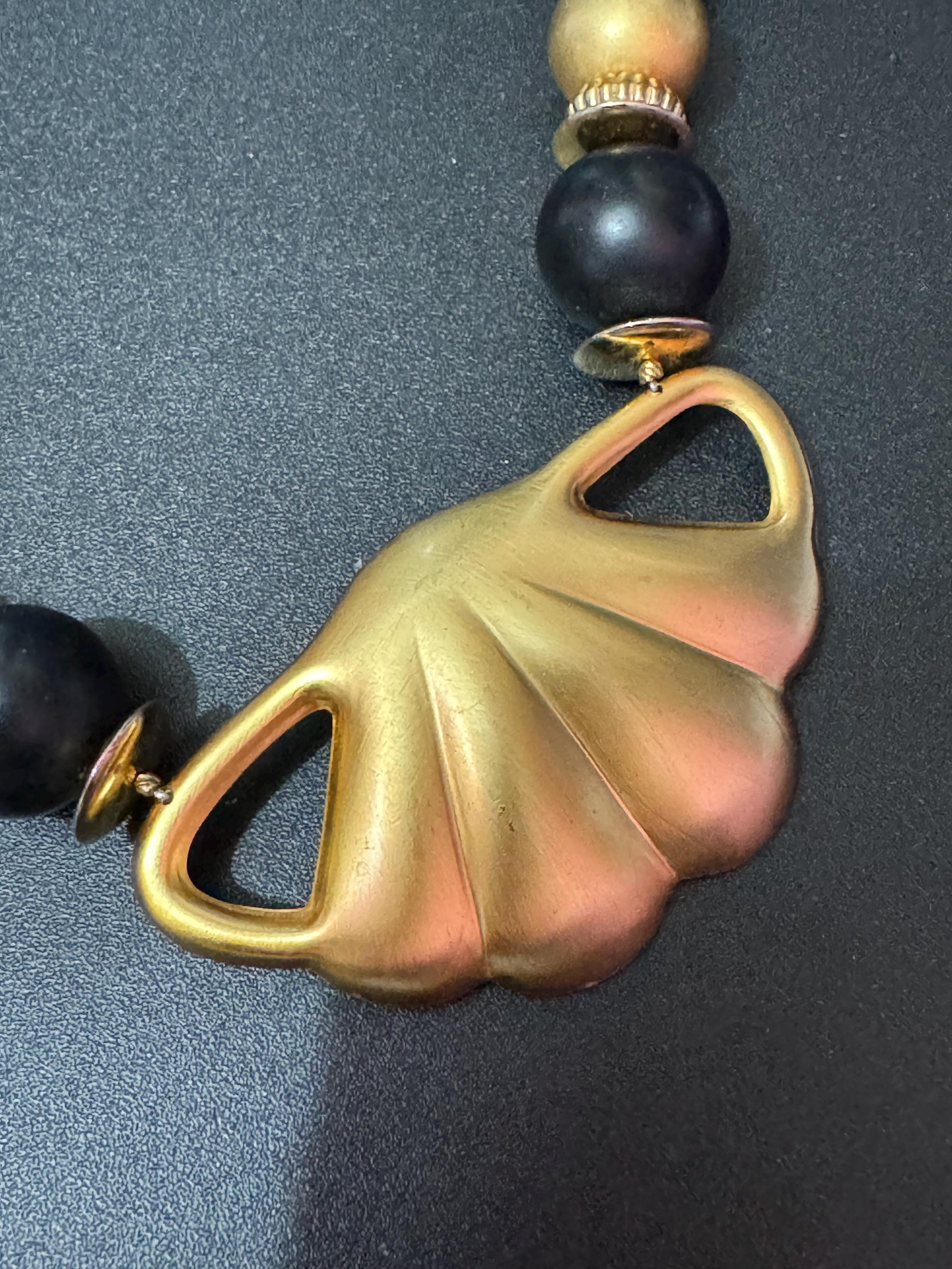 Vintage Matt gold tone Etruscan black beaded choker Necklace