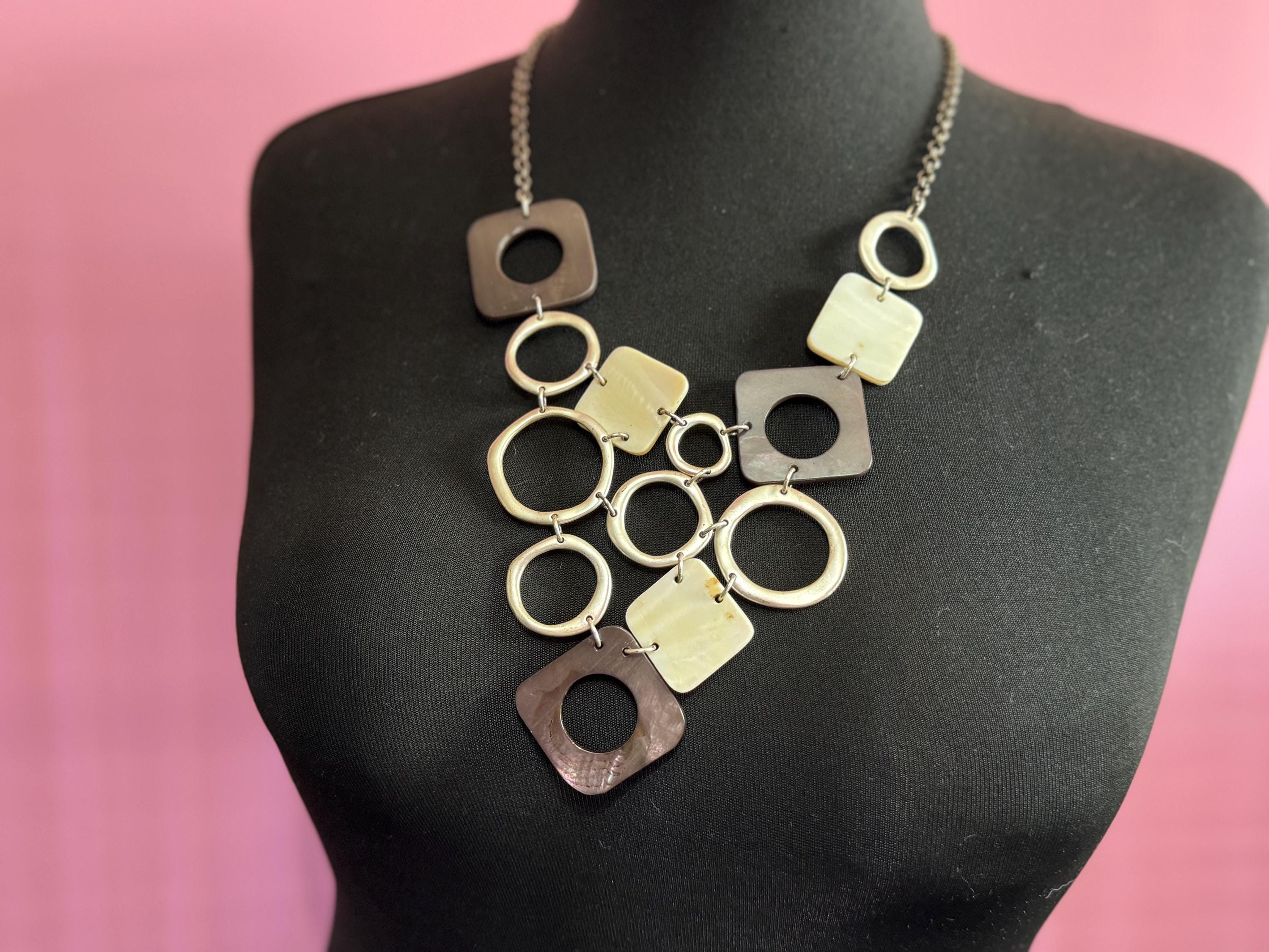 Signed JAEGER statement bib necklace with mother of pearl and wooden panels